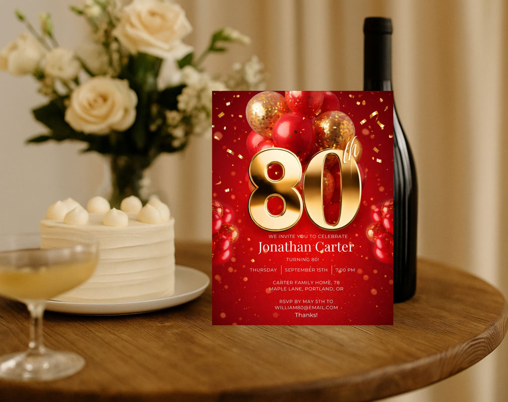 Red Gold 80th Birthday Invitation