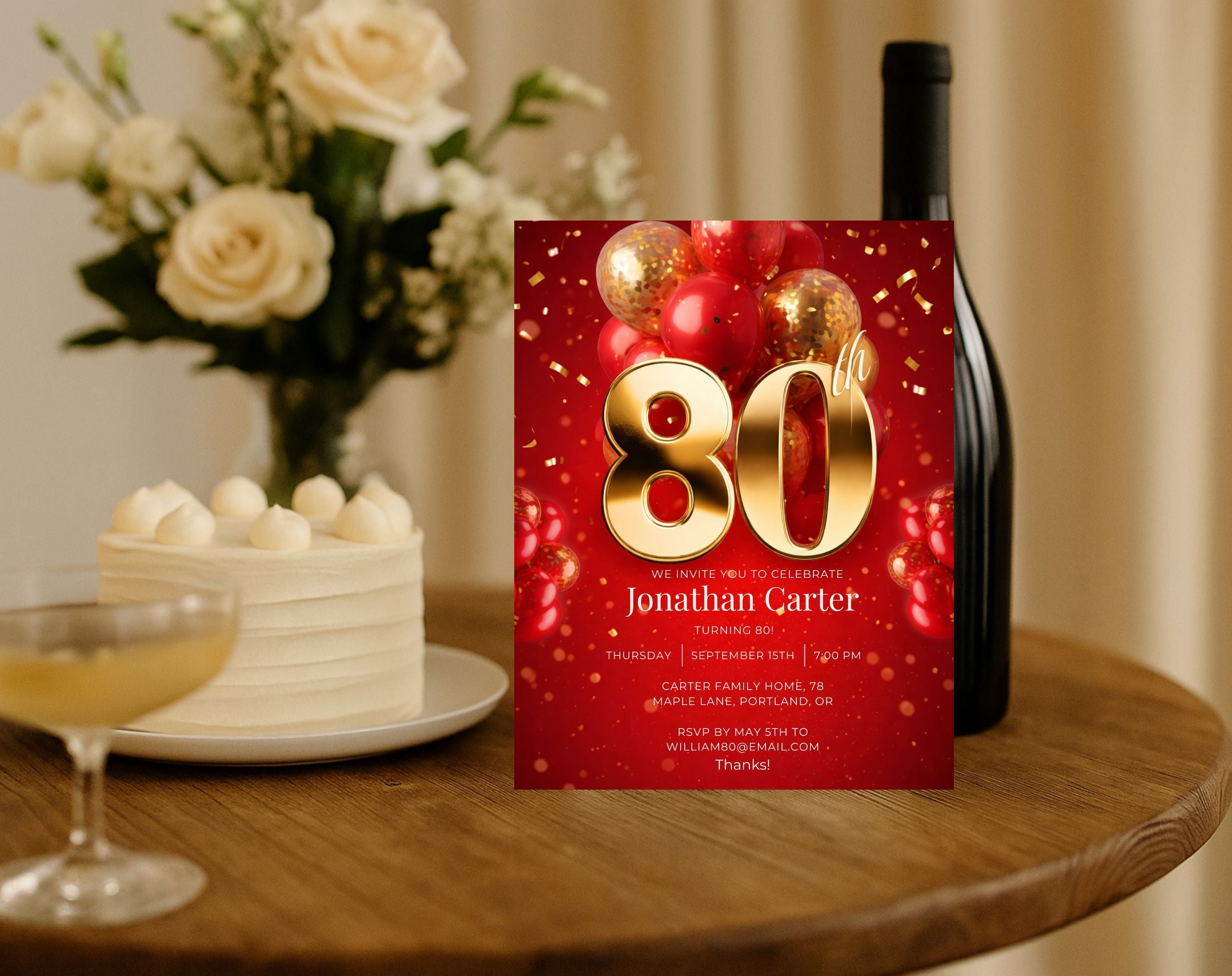 Red Gold 80th Birthday Invitation