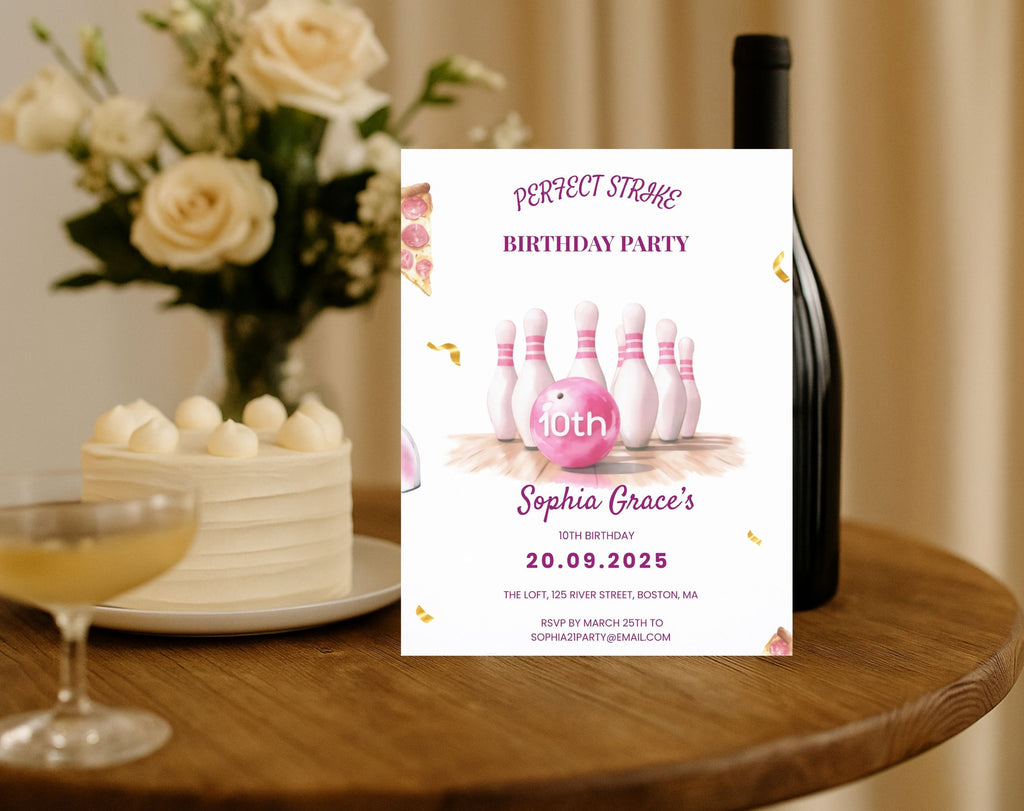 Girls Pink Bowling 10th Birthday Invitation