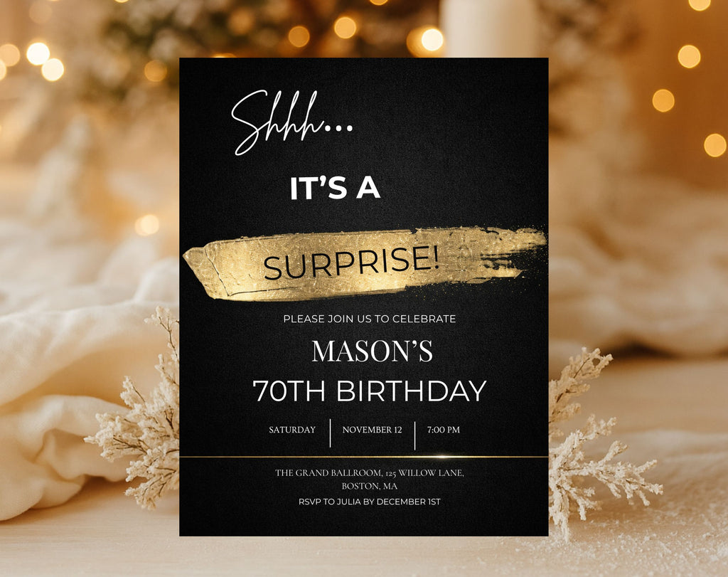 70th gold black birthday party invitation