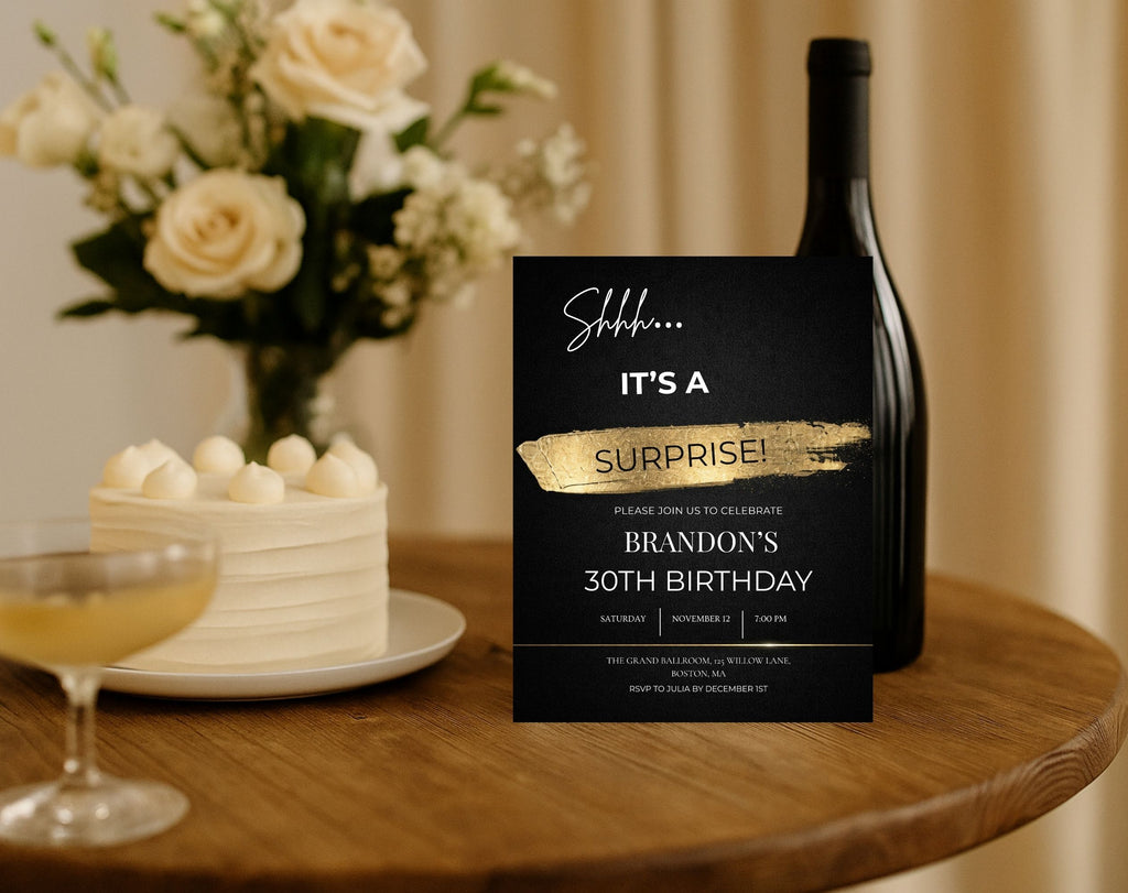 30th gold black Birthday Party Invitation