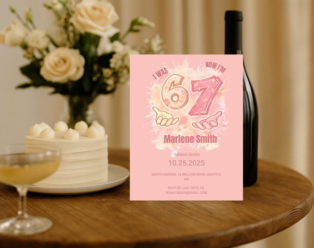 six seven Pink Kids 7th Birthday Invitation