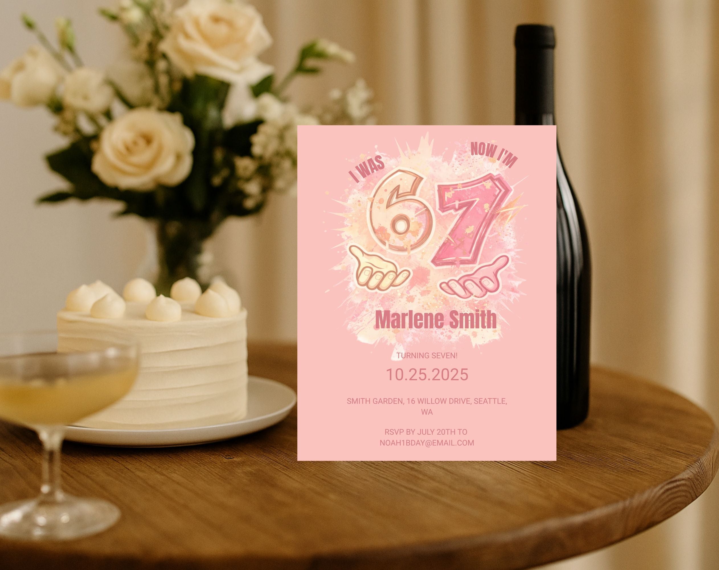 six seven Pink Kids 7th Birthday Invitation