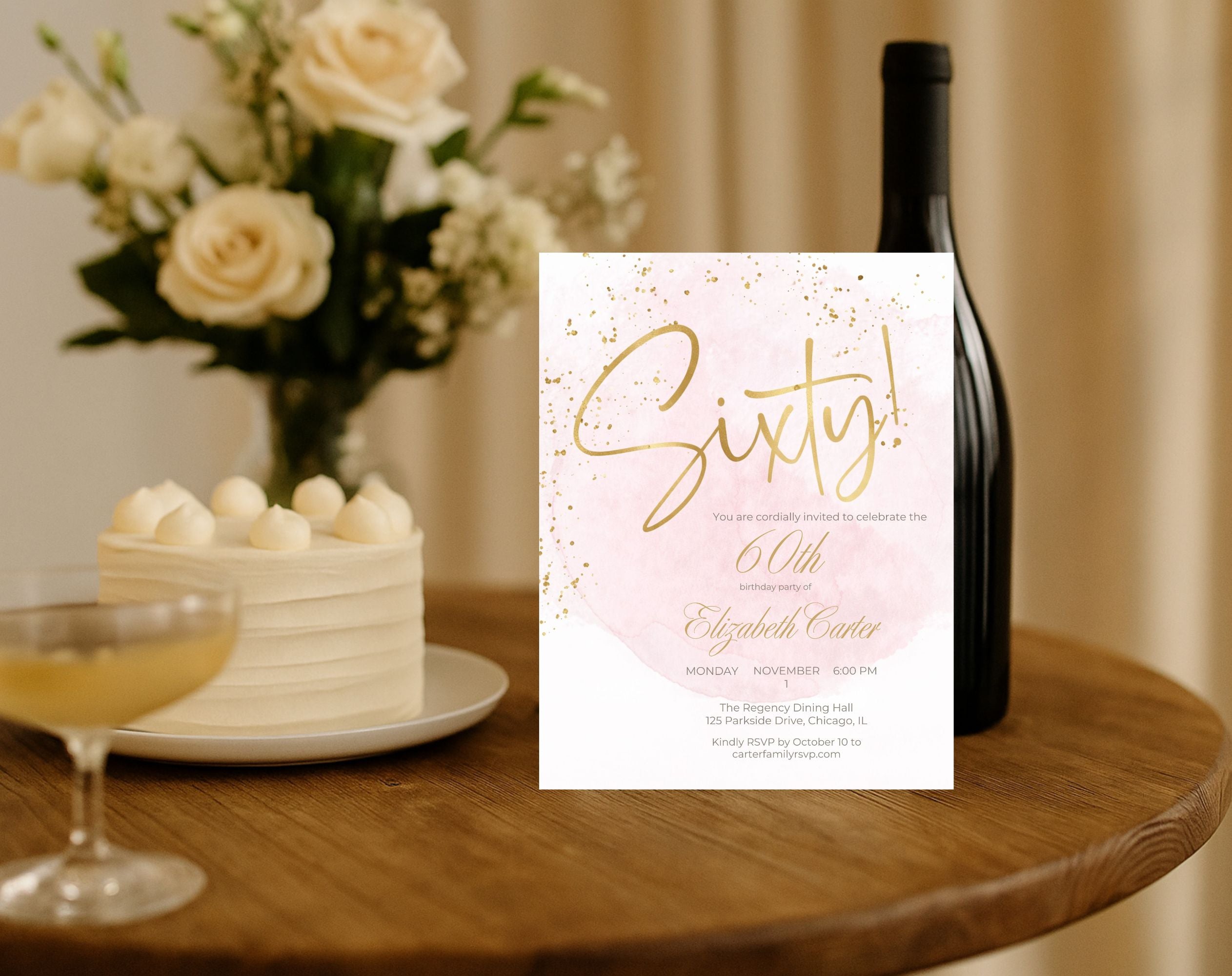 Elegant Blush Pink Golden 60th Birthday Invitation