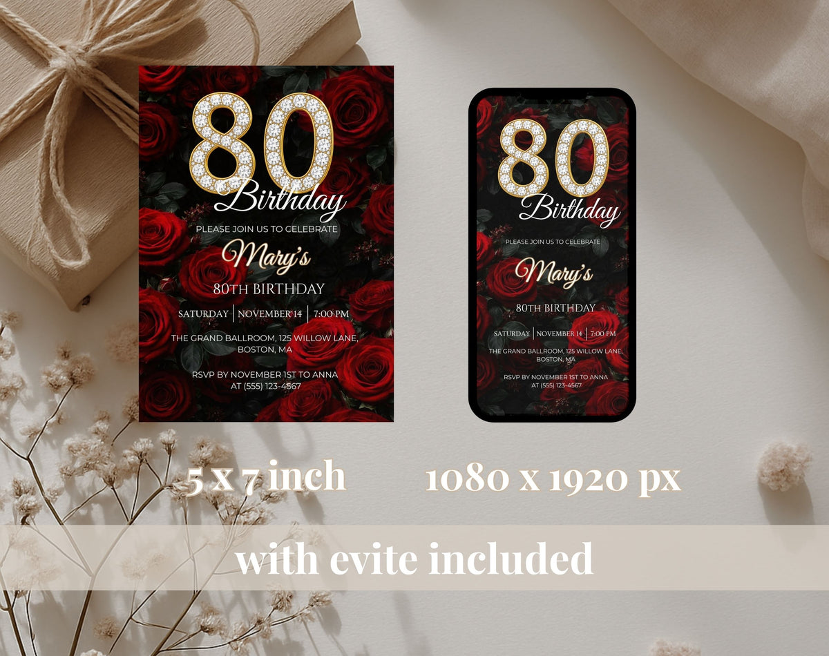 Luxury Red Rose 80th Birthday Invitation
