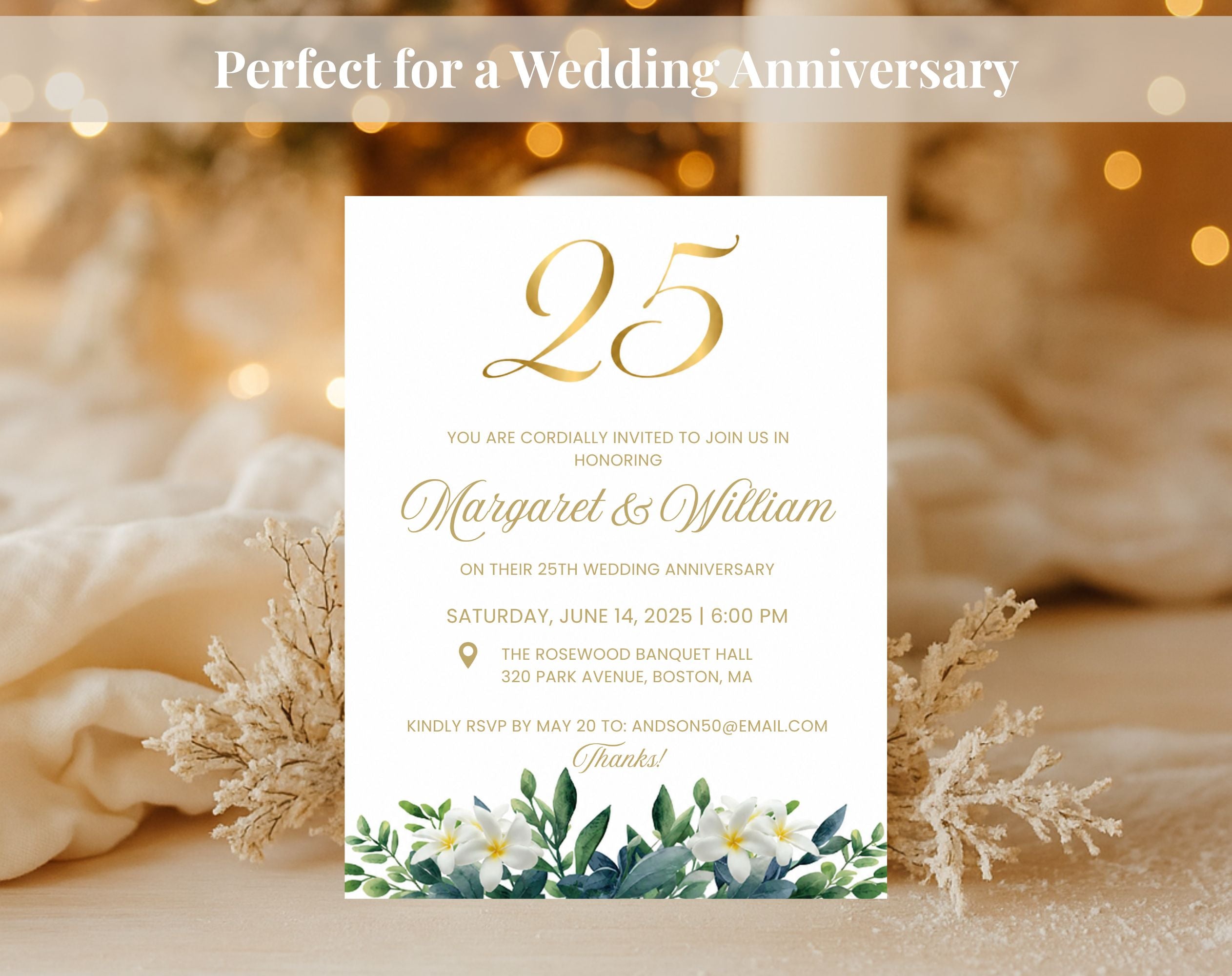 25th White Gold Wedding Anniversary Invitation