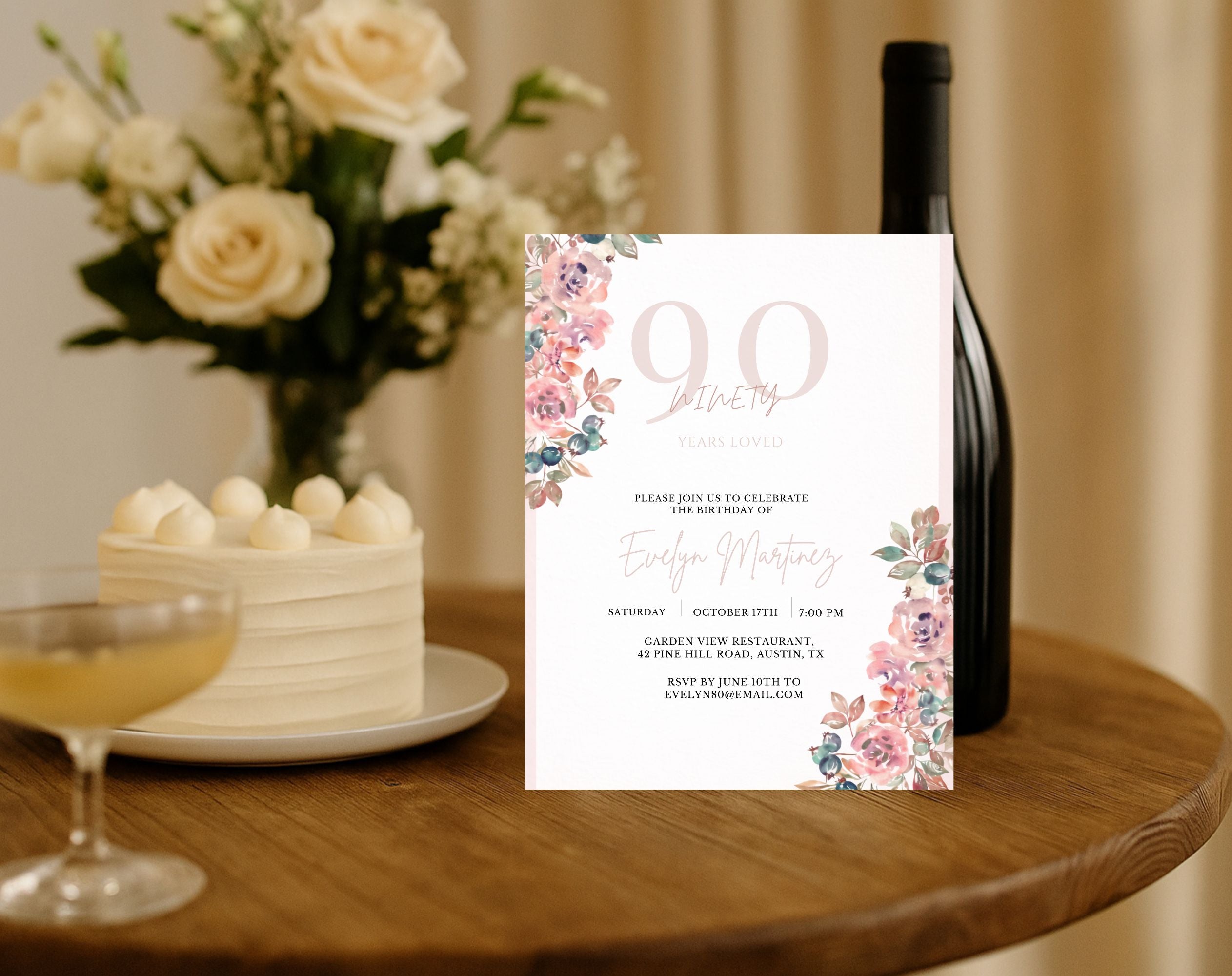 Blush Pink Floral 90th Birthday Invitation