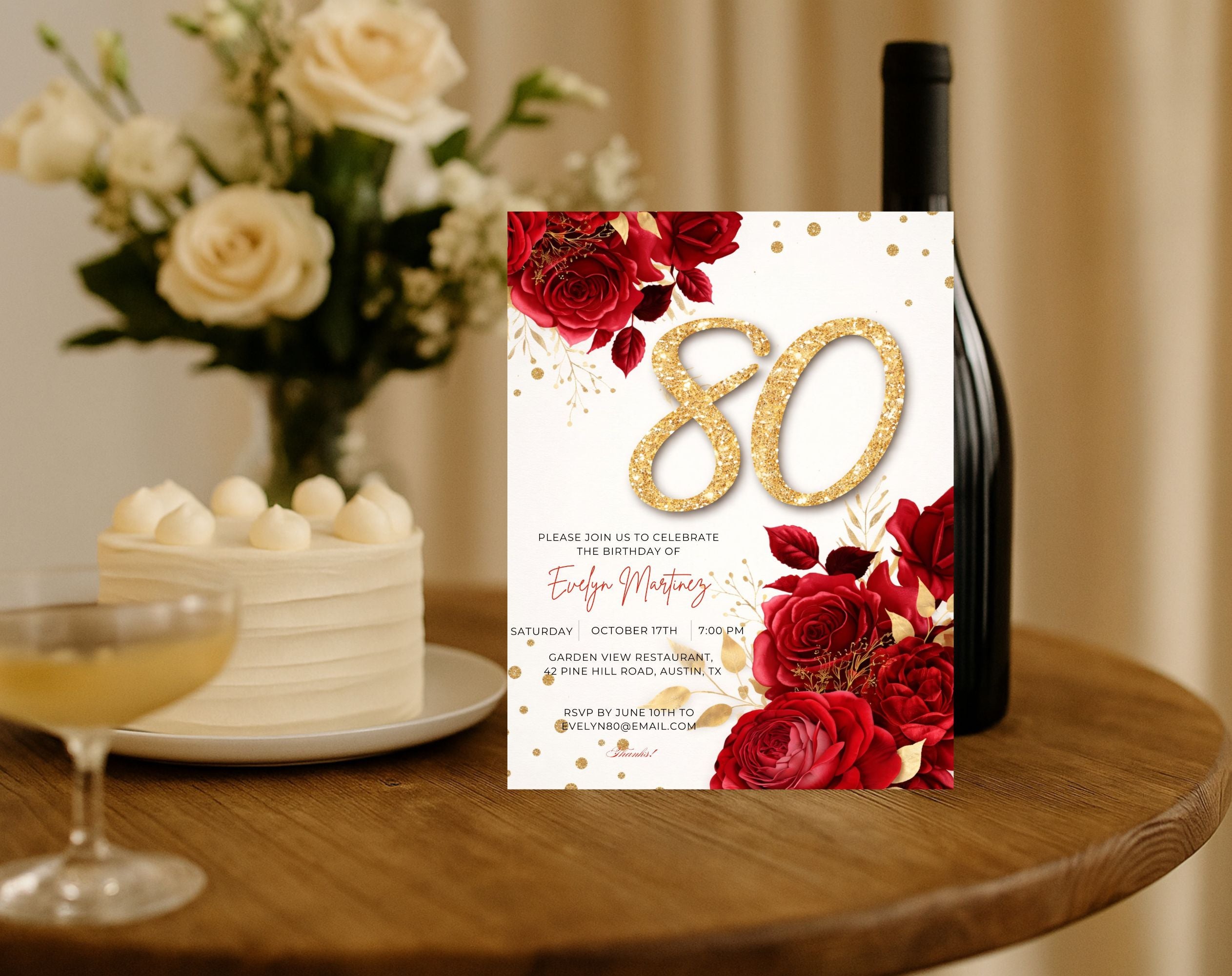 Elegant Floral Red and Gold 80th Birthday Invitation