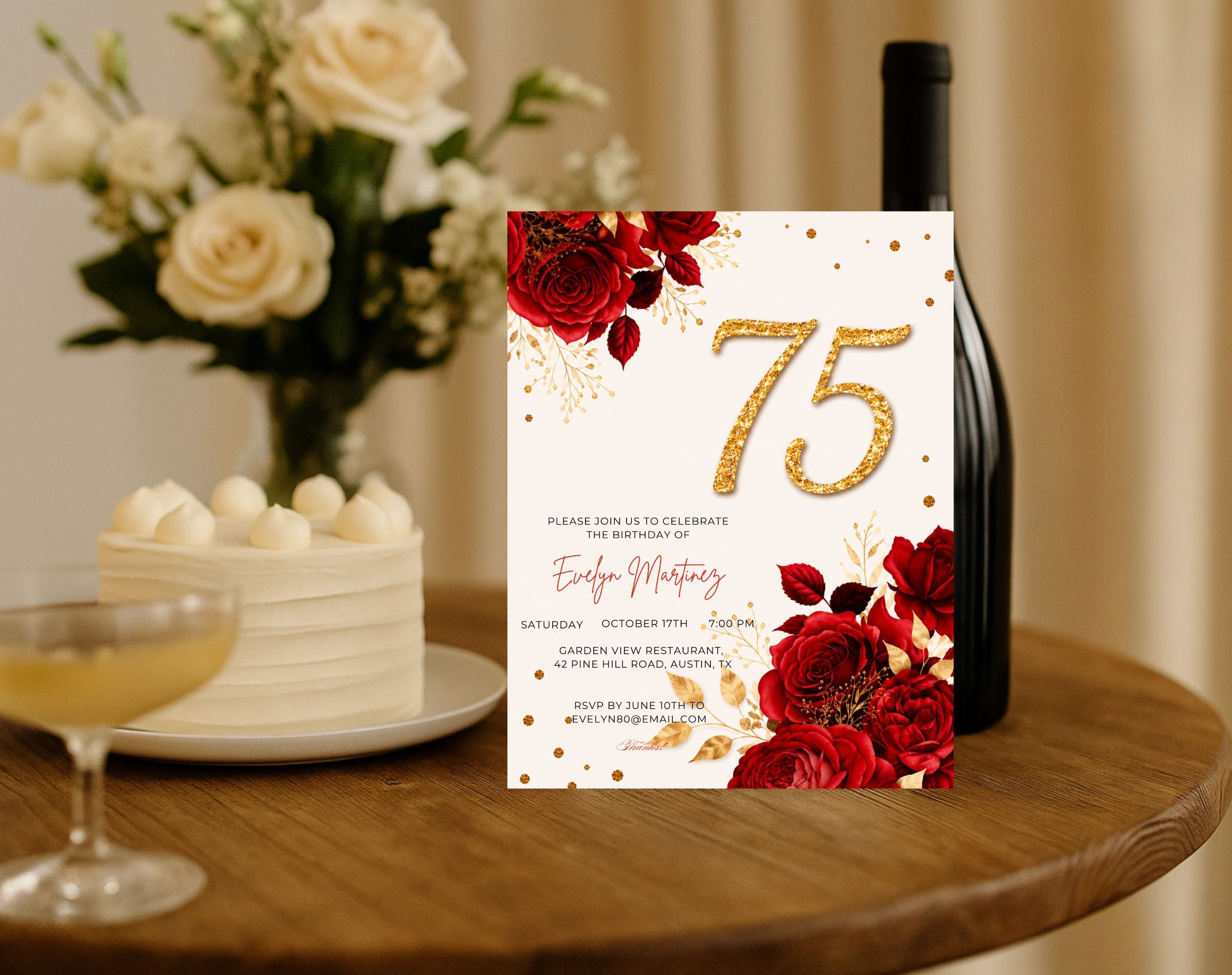 Elegant Red Rose 75th Birthday Invitation