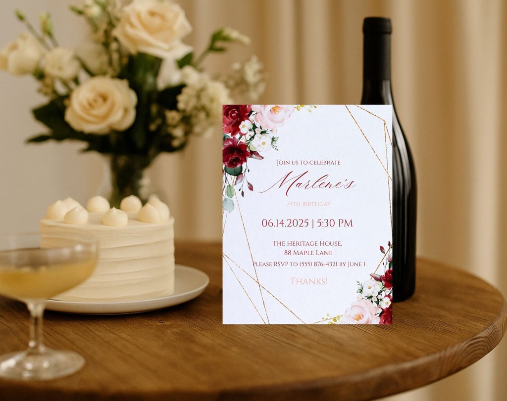 Burgundy Floral 75th Birthday Invitation