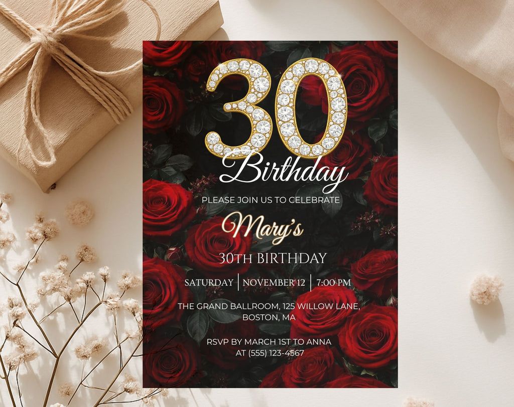 Red Rose 30th Birthday Invitation