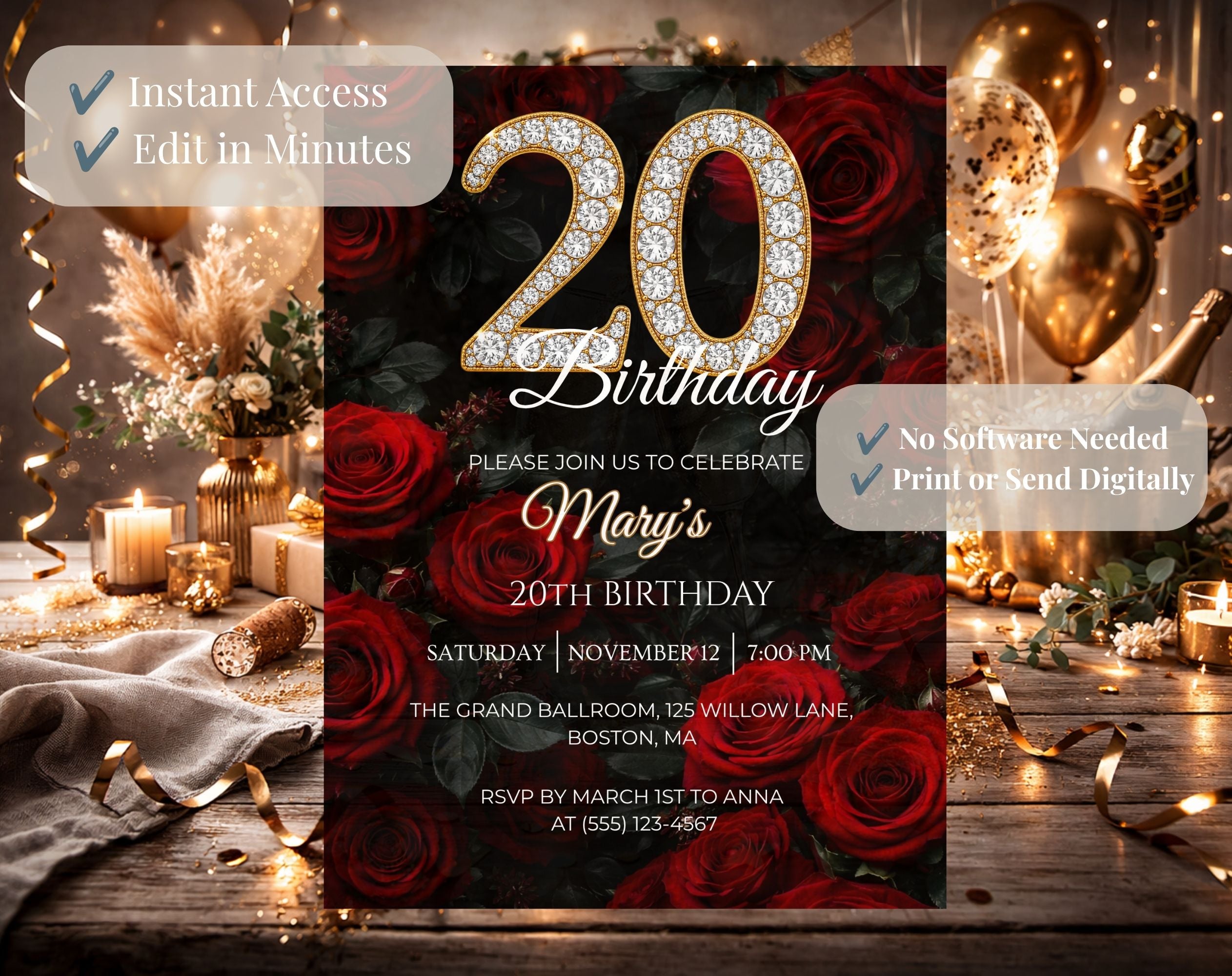 20th Red rose floral Birthday Invitation