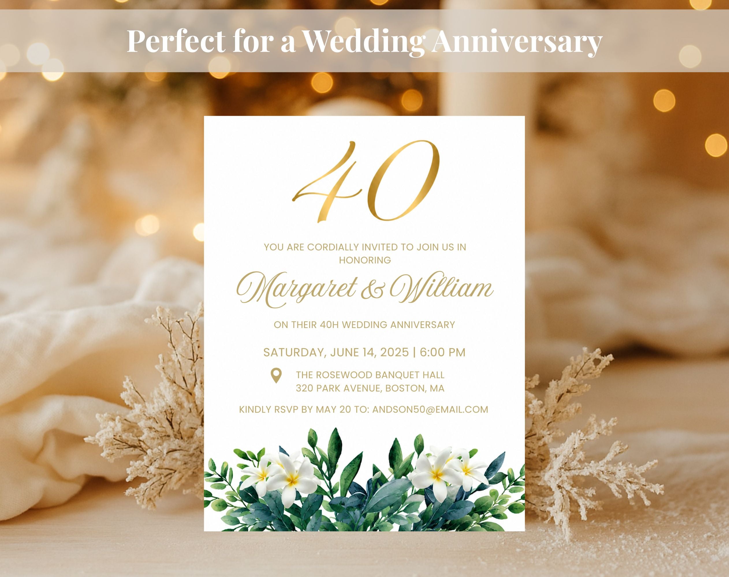 40th White Gold Wedding Anniversary Invitation