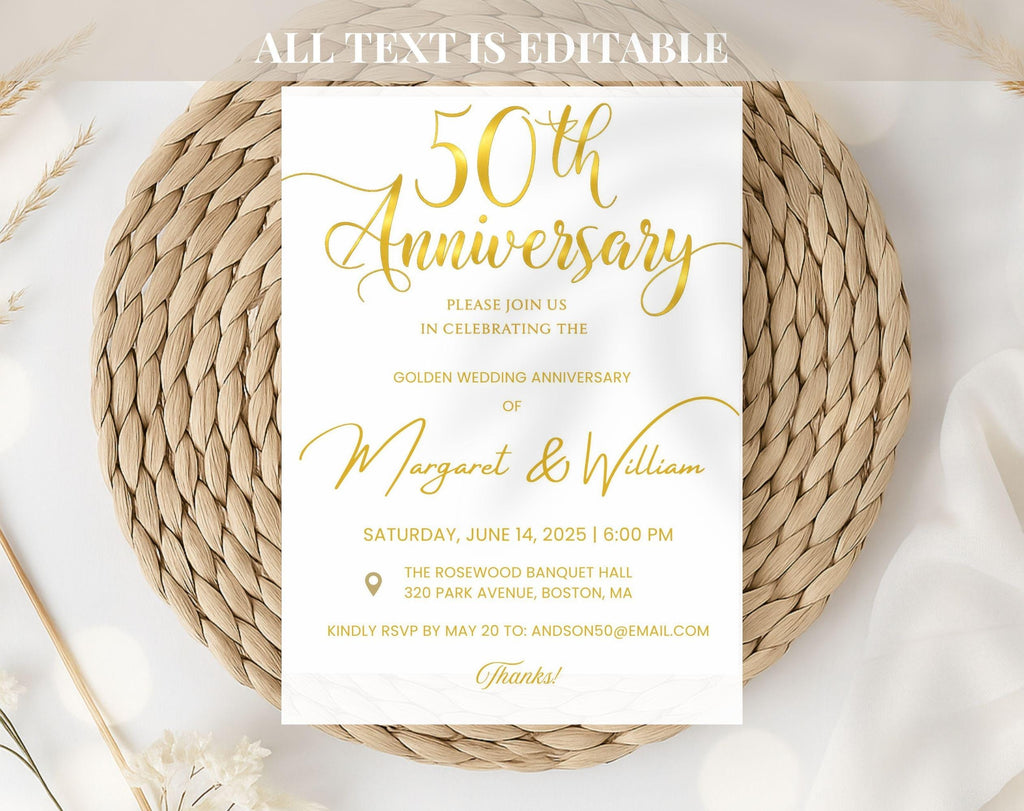 Golden 50th  Wedding Anniversary Invite White Gold