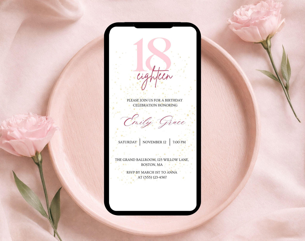 Pink & Gold Glitter 18th Birthday Invitation