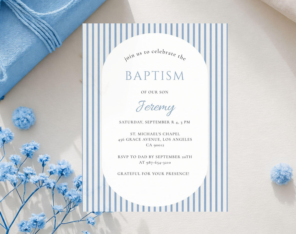 Classic Blue Striped Baptism Invitation