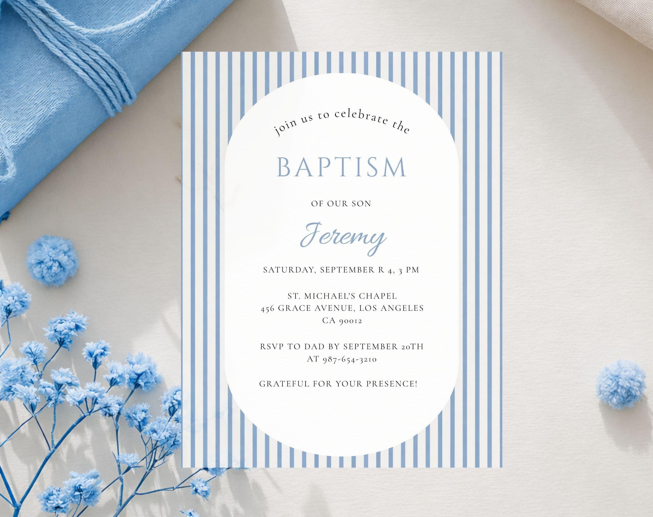 Classic Blue Striped Baptism Invitation