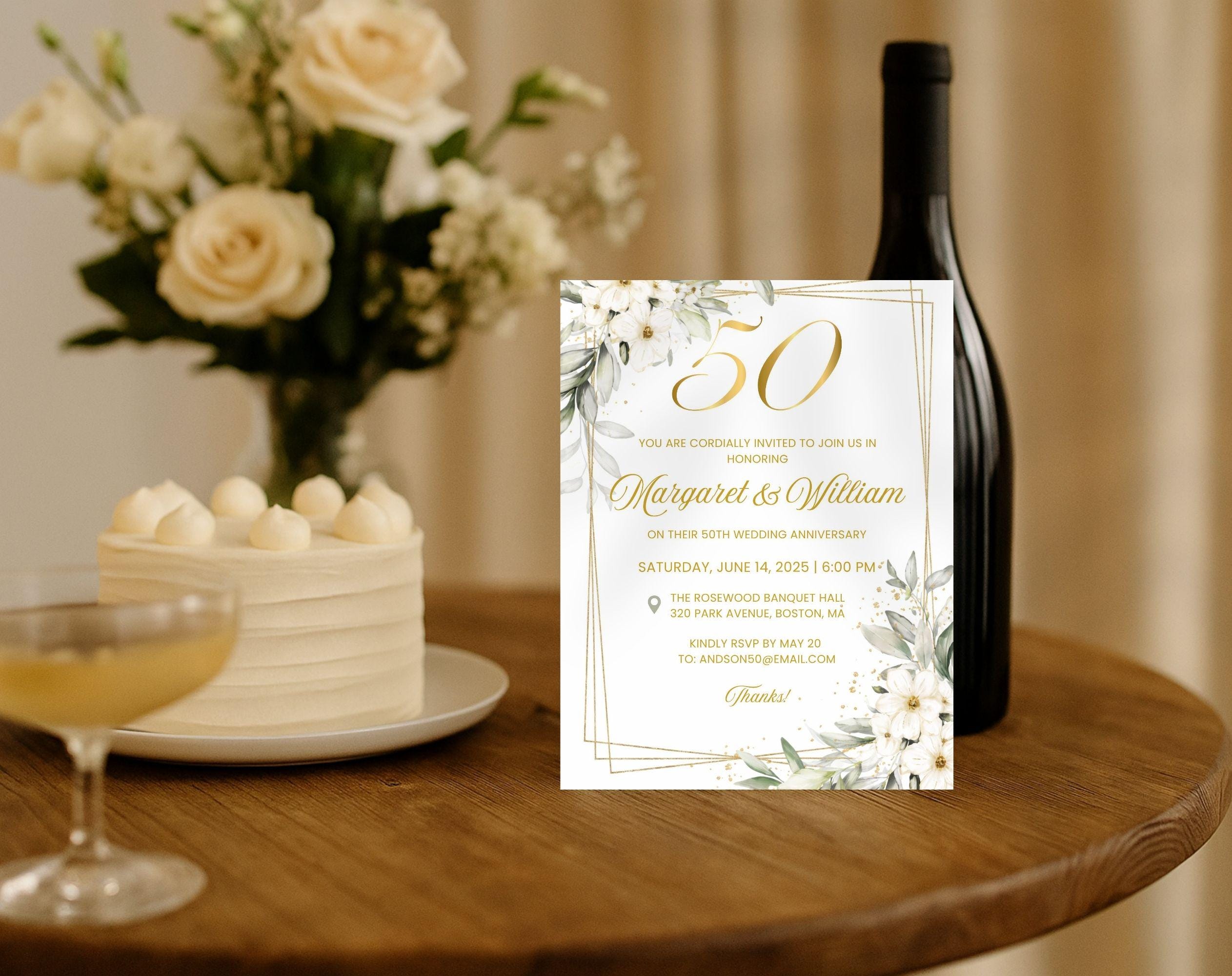 White Gold Floral 50th Wedding Anniversary Invitation