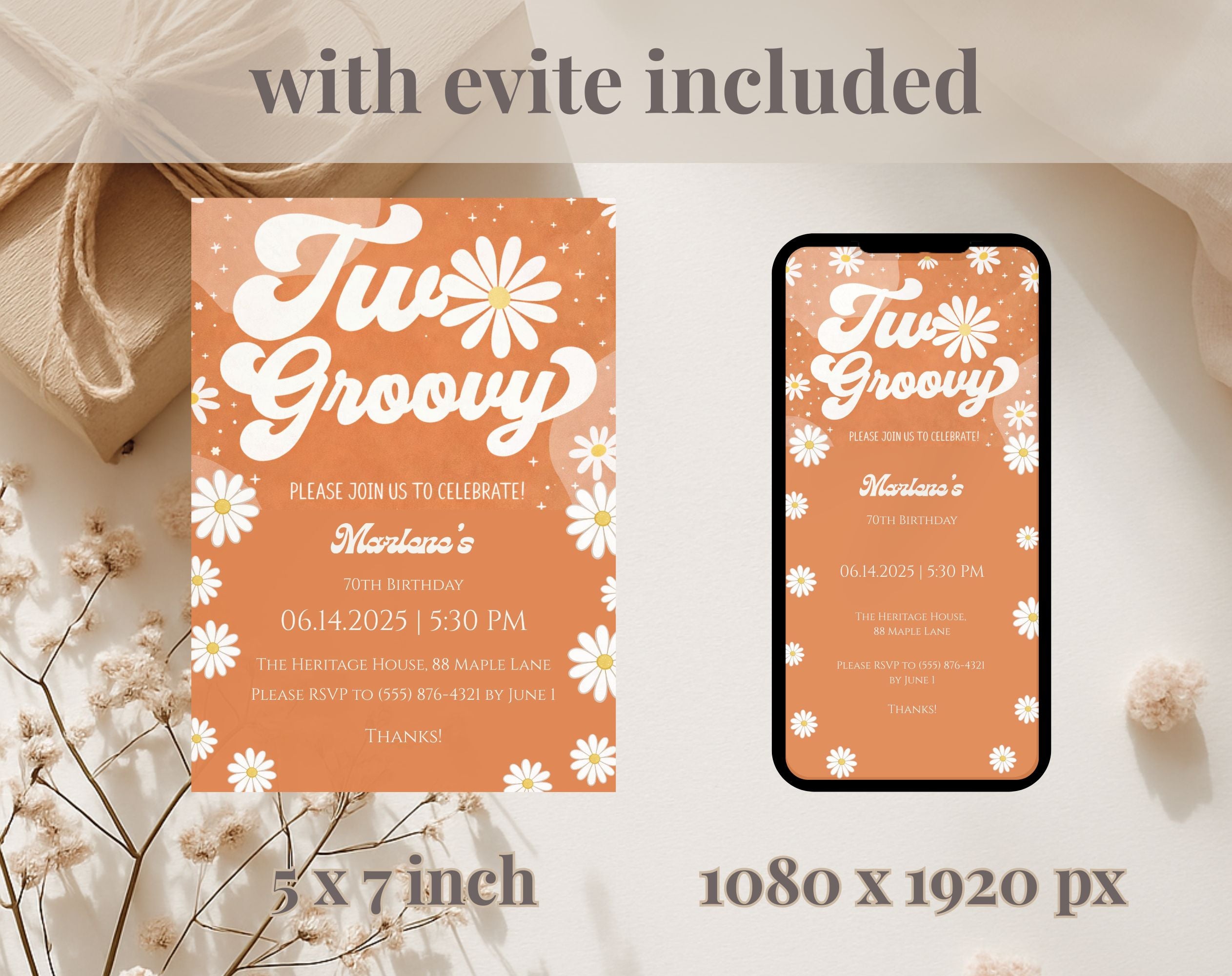 Orange Retro Groovy 70th Birthday Invitation
