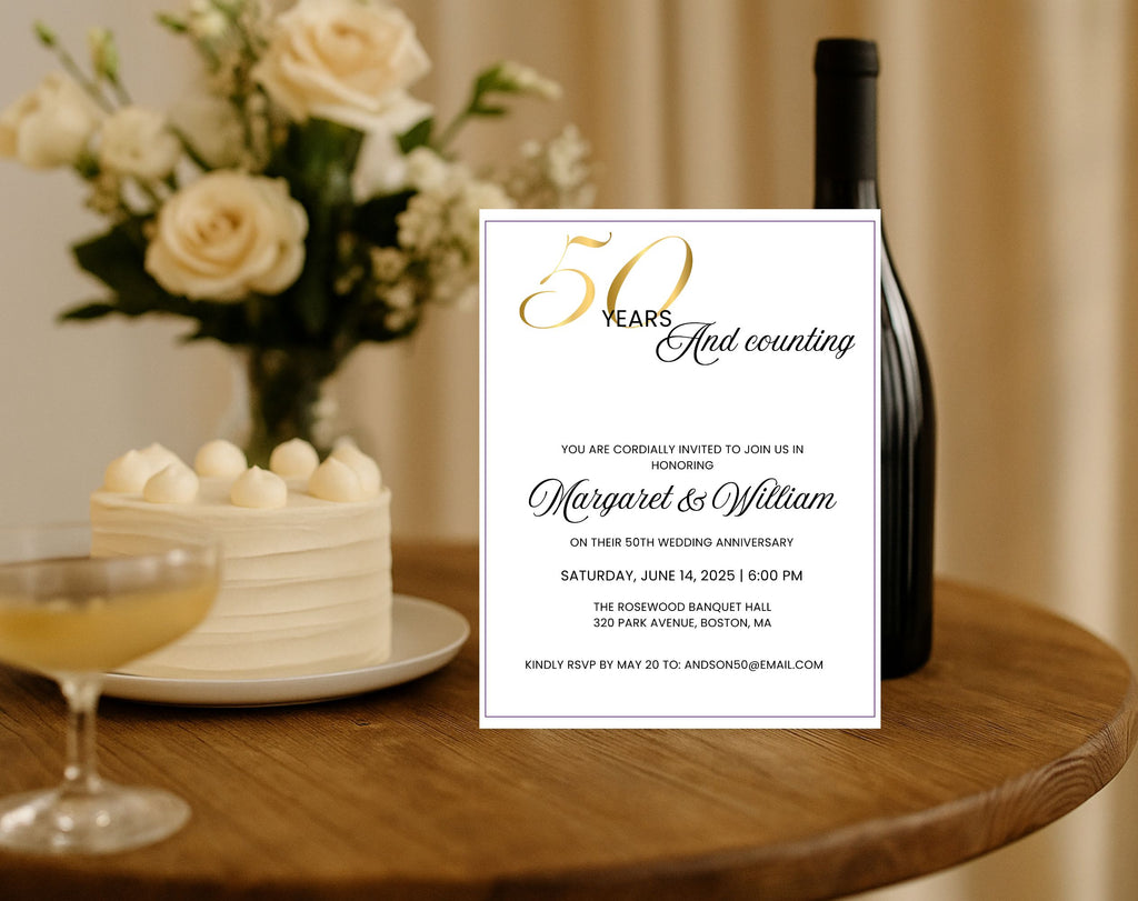 Elegant White Gold 50th Anniversary Invitation