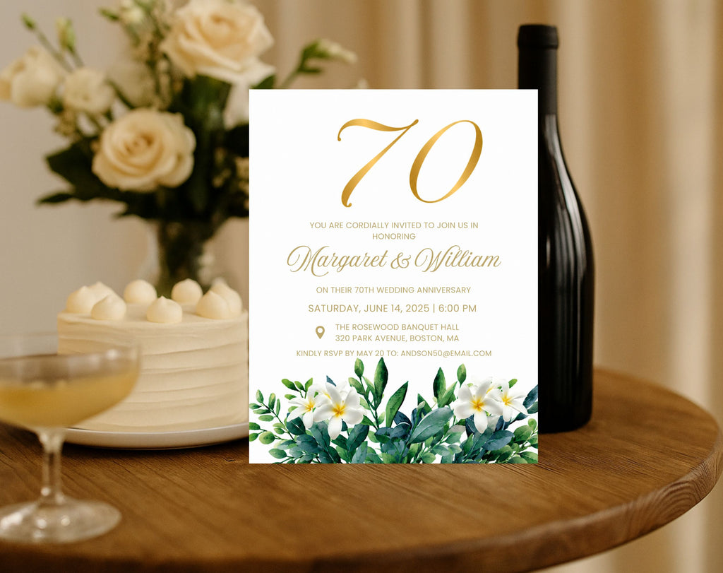 70th White Gold Wedding Anniversary Invitation