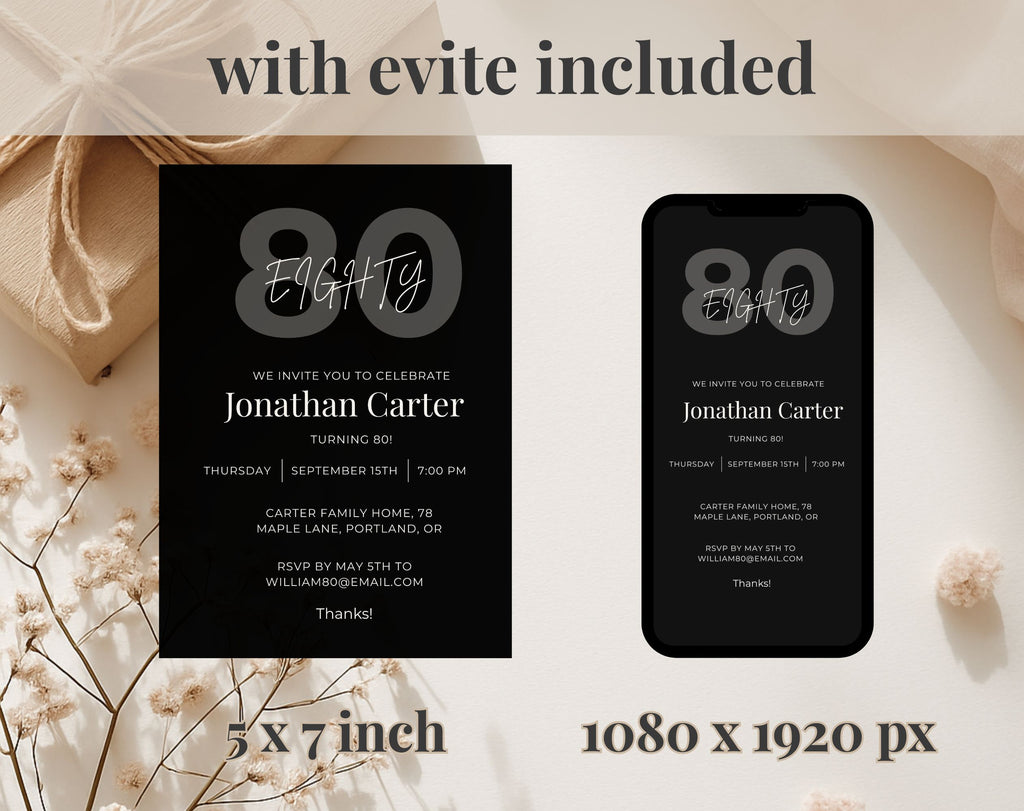 Black 80th Birthday Invitation Template