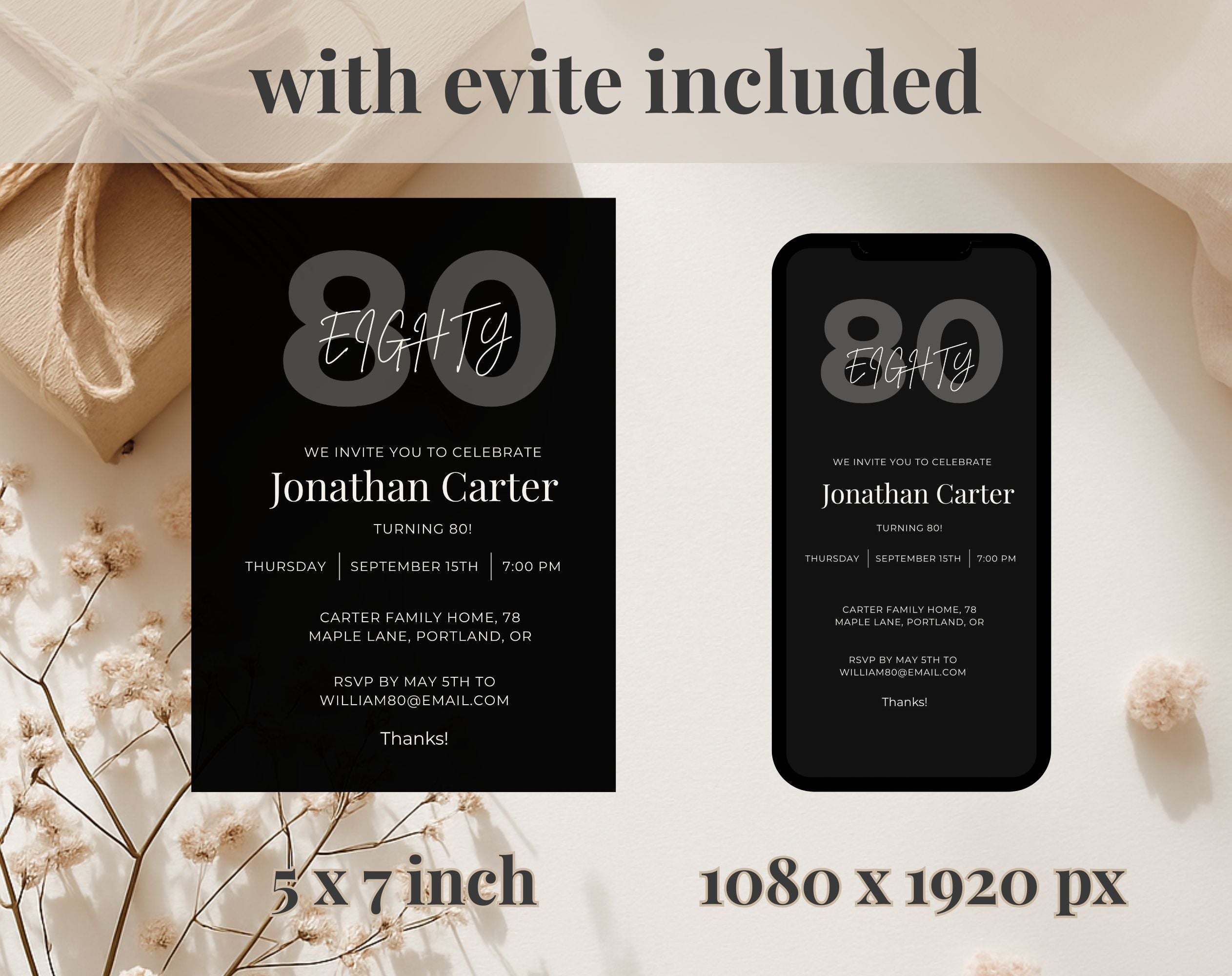 Black 80th Birthday Invitation Template