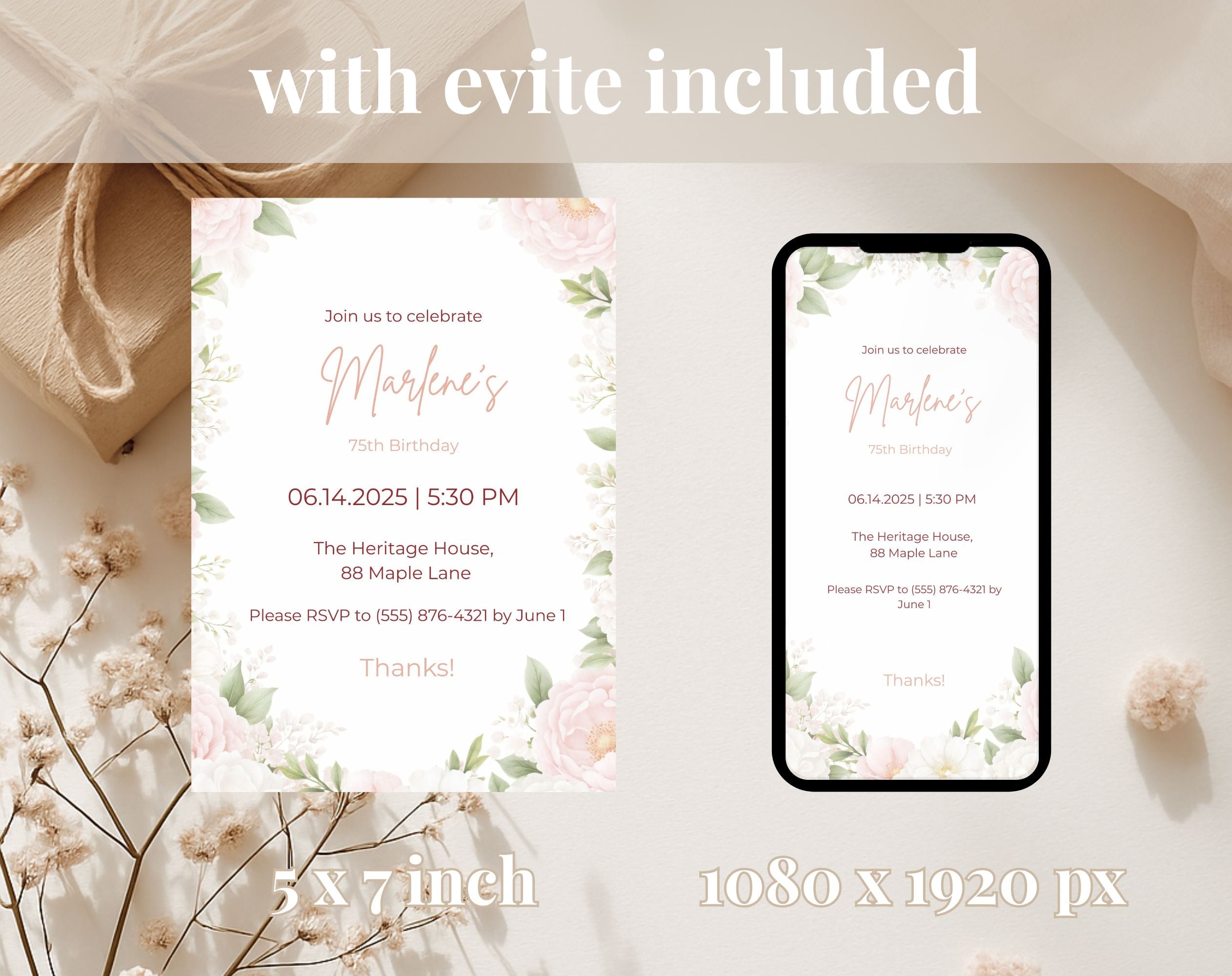 Blush Pink Floral 75th Birthday Invitation