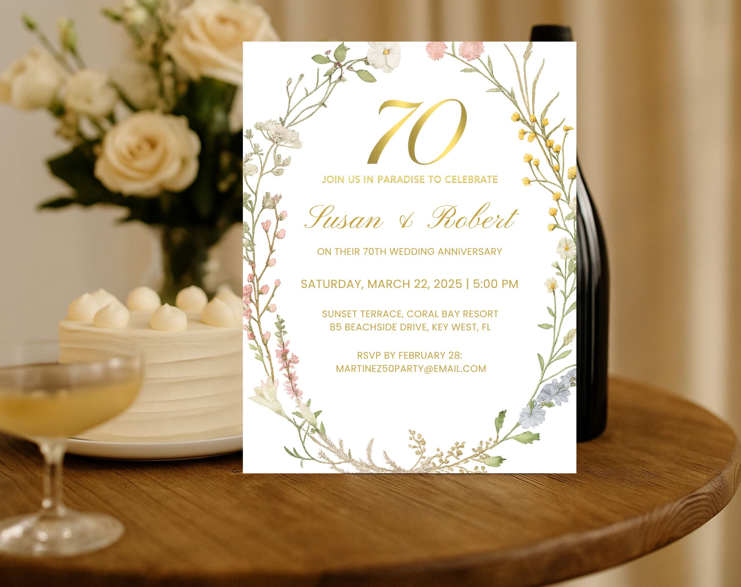 Elegant Floral 70th Wedding Anniversary Invitation