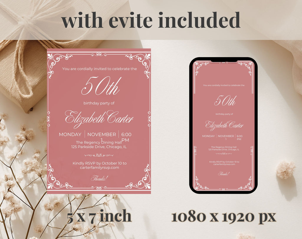 Dusty Rose Pink 50th Birthday Invitation