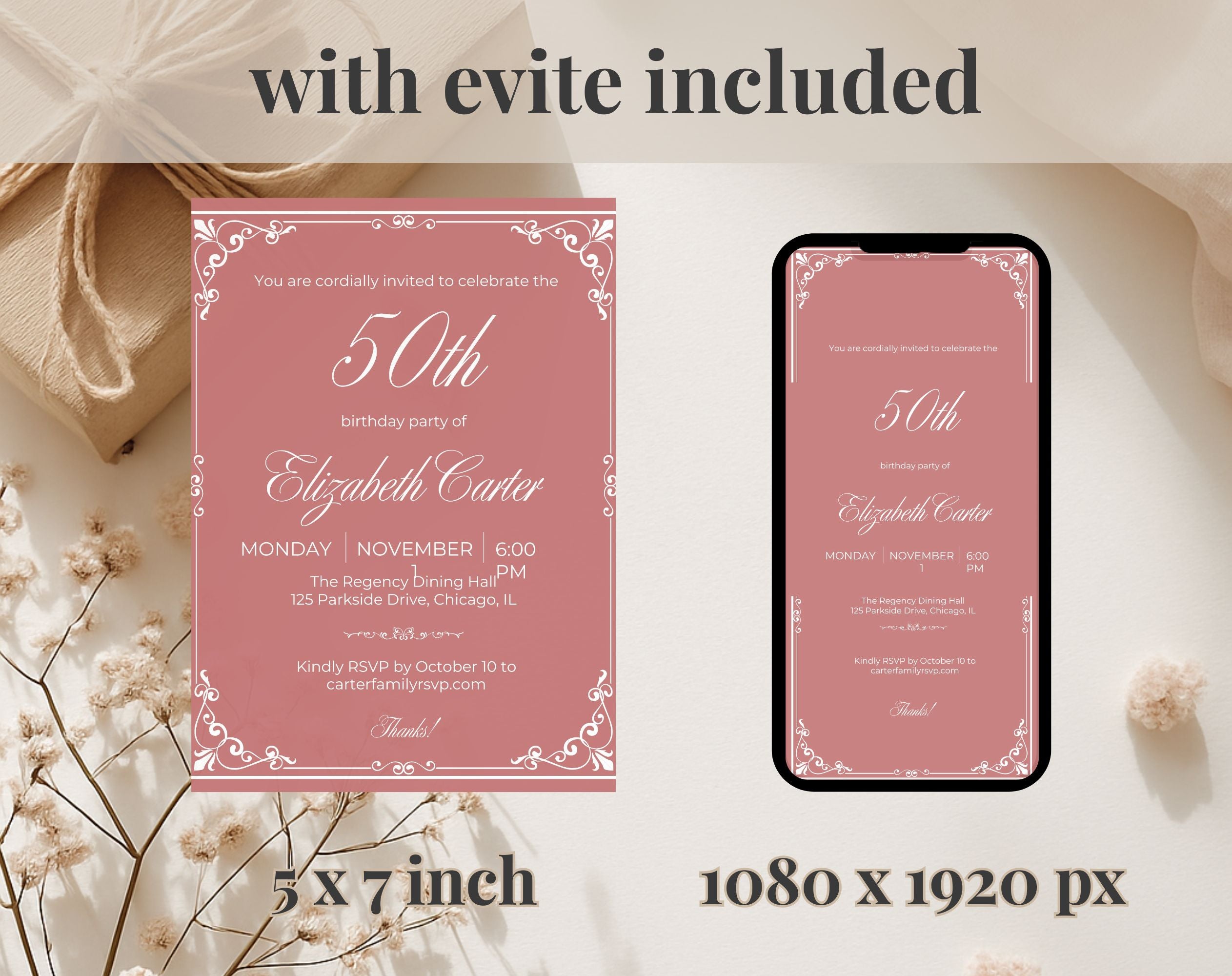 Dusty Rose Pink 50th Birthday Invitation