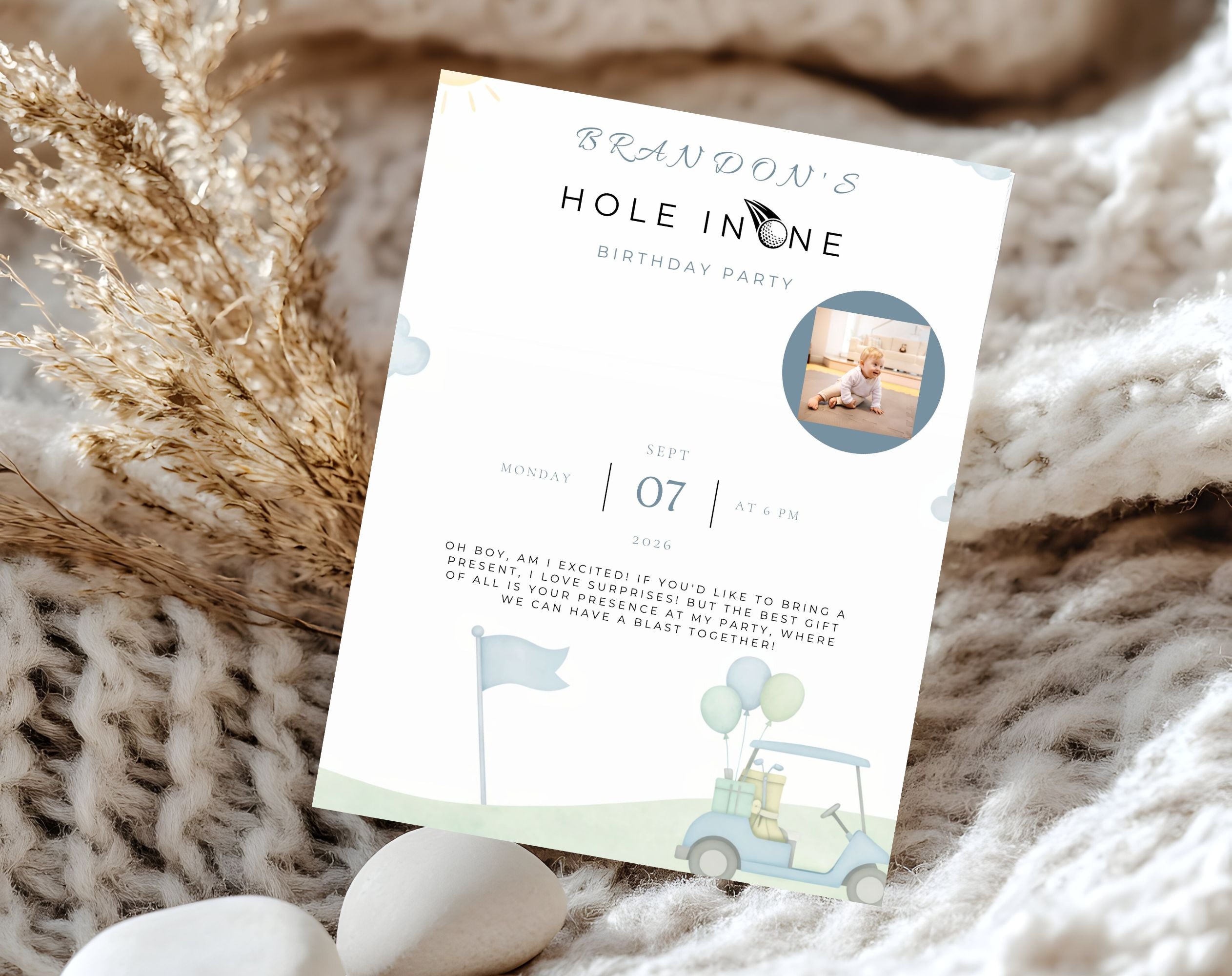 Blue and Green Hole in One Golf First Birthday Invitation