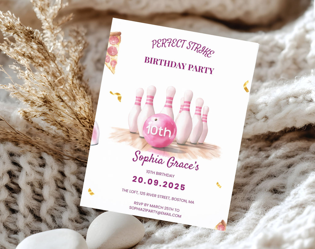 Girls Pink Bowling 10th Birthday Invitation