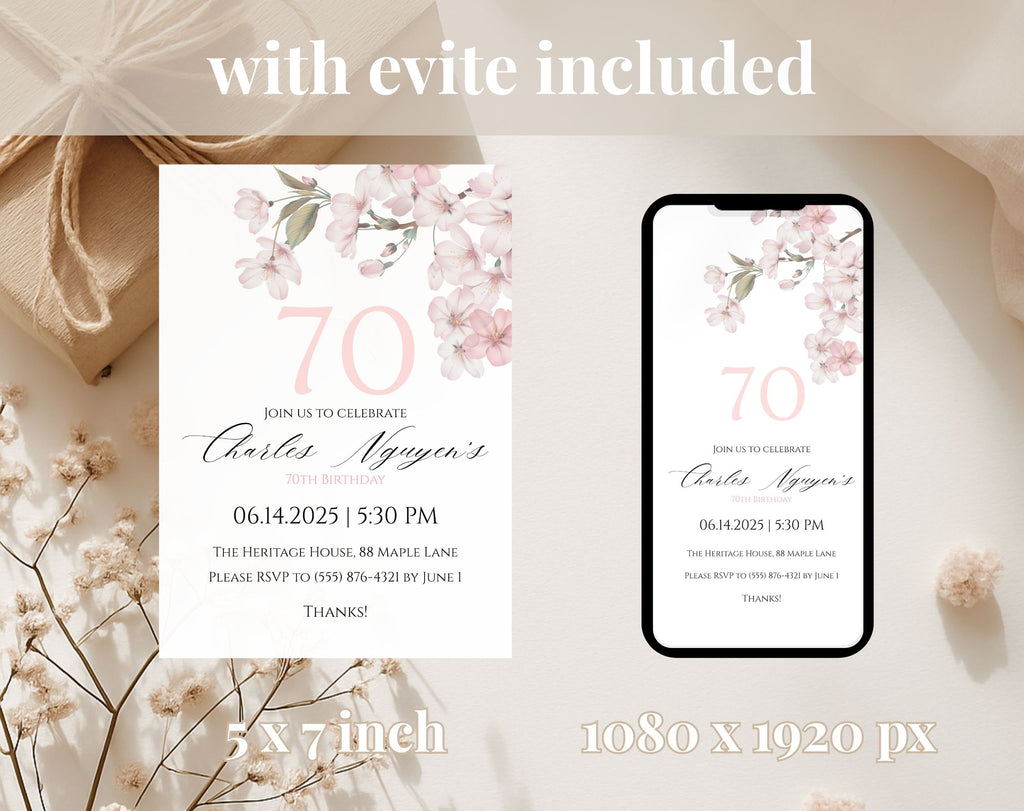 White Elegant Pink Cherry Blossom 70th Birthday Invitation