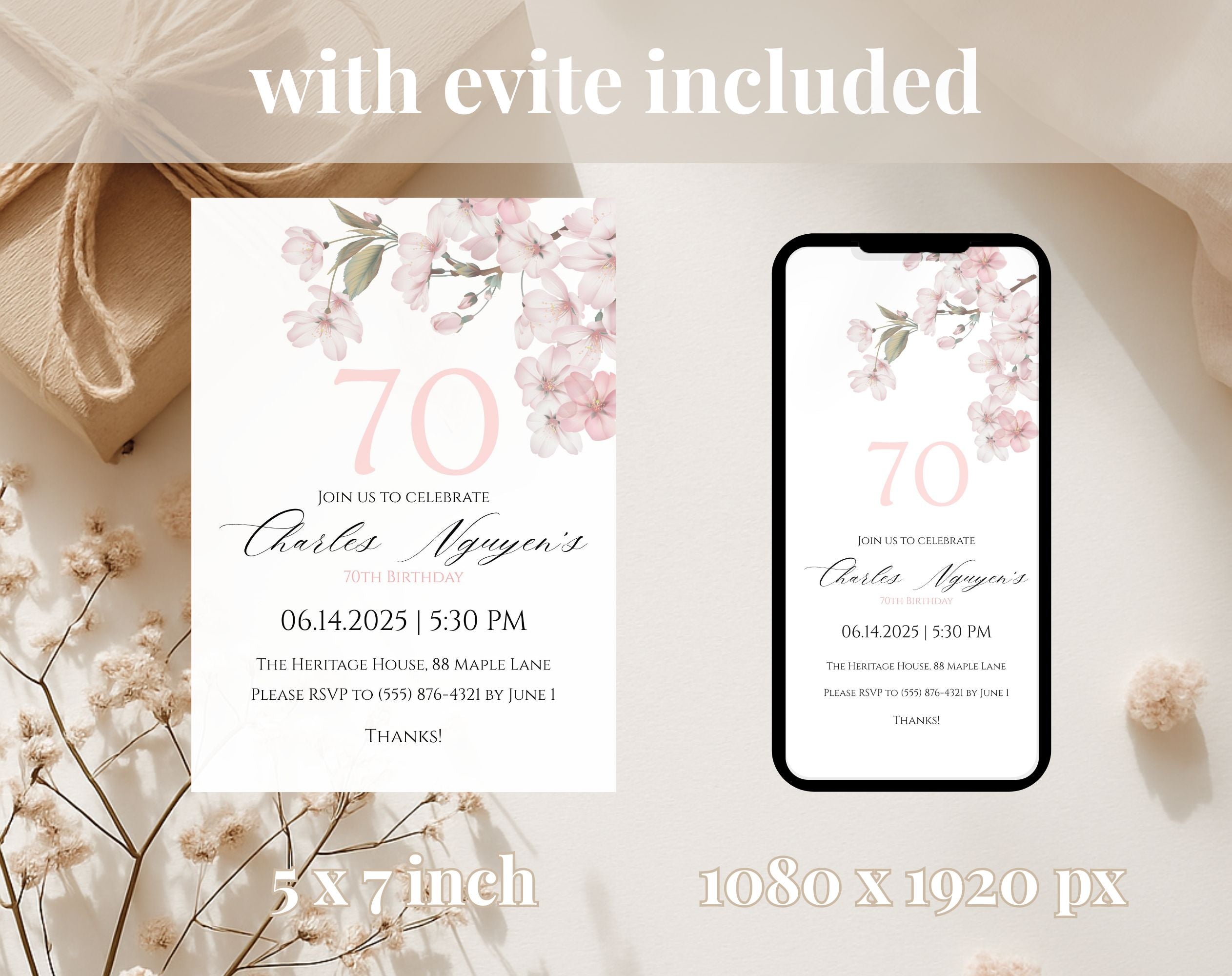 White Elegant Pink Cherry Blossom 70th Birthday Invitation