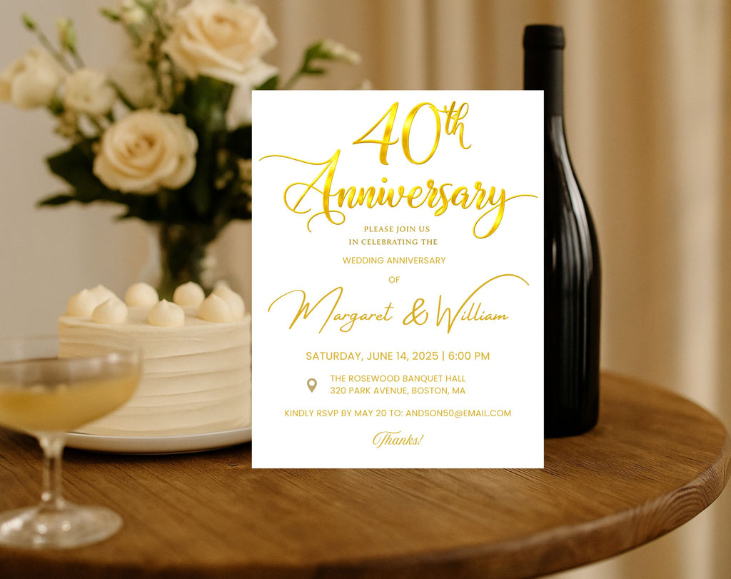 Golden 40th  Wedding Anniversary Invite White Gold