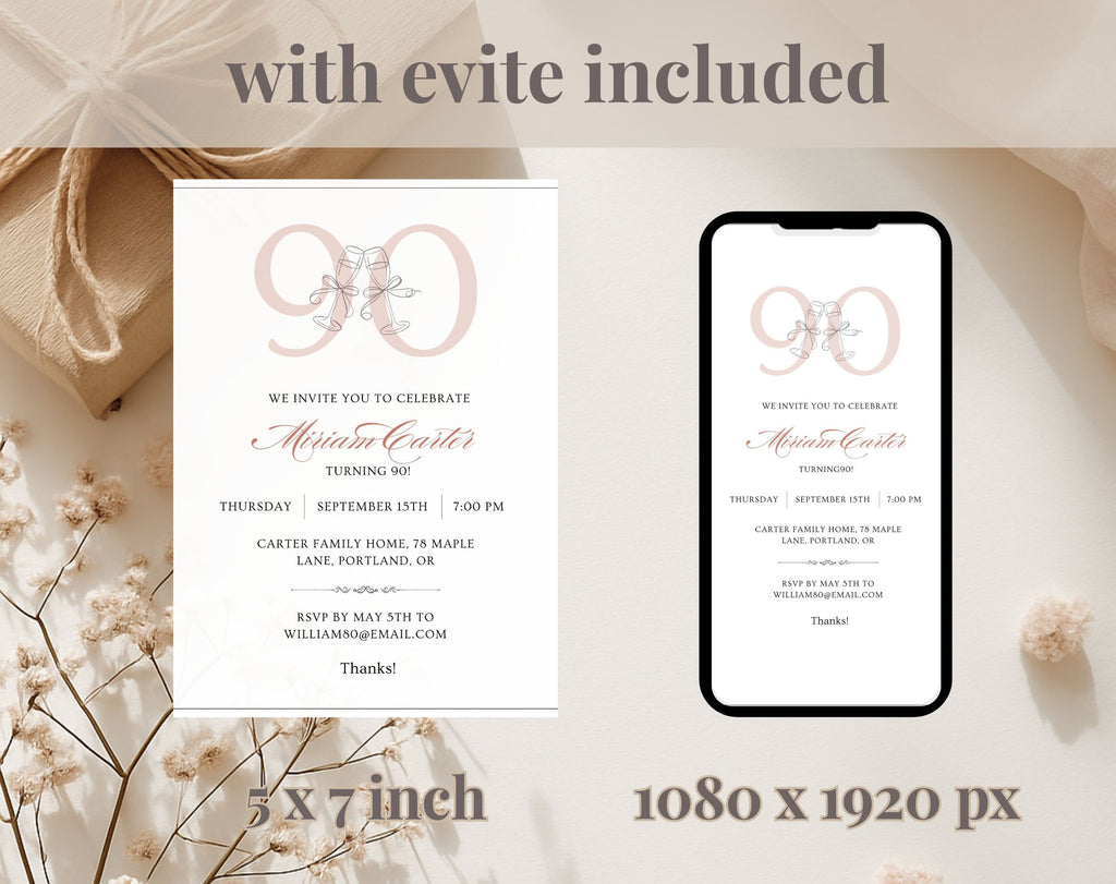 Elegant Blush Pink 90th Birthday Invitation