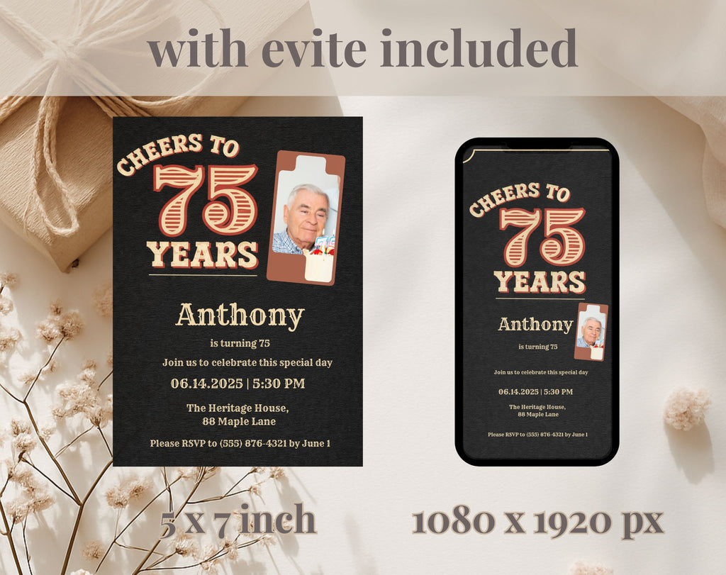 Vintage Black 75th Birthday Invitation