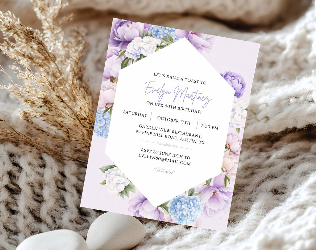 Elegant Purple Floral 80th Birthday Invitation