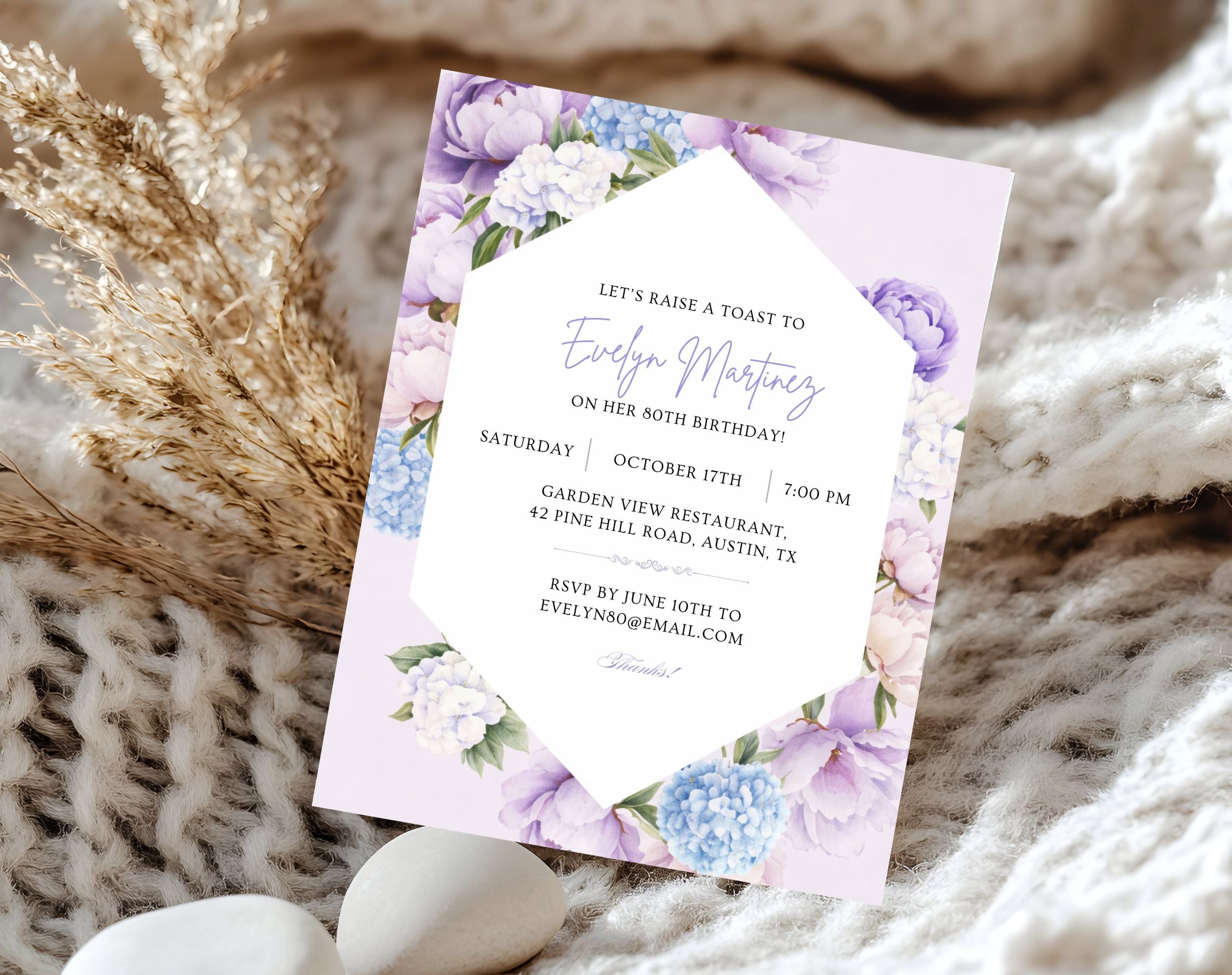 Elegant Purple Floral 80th Birthday Invitation