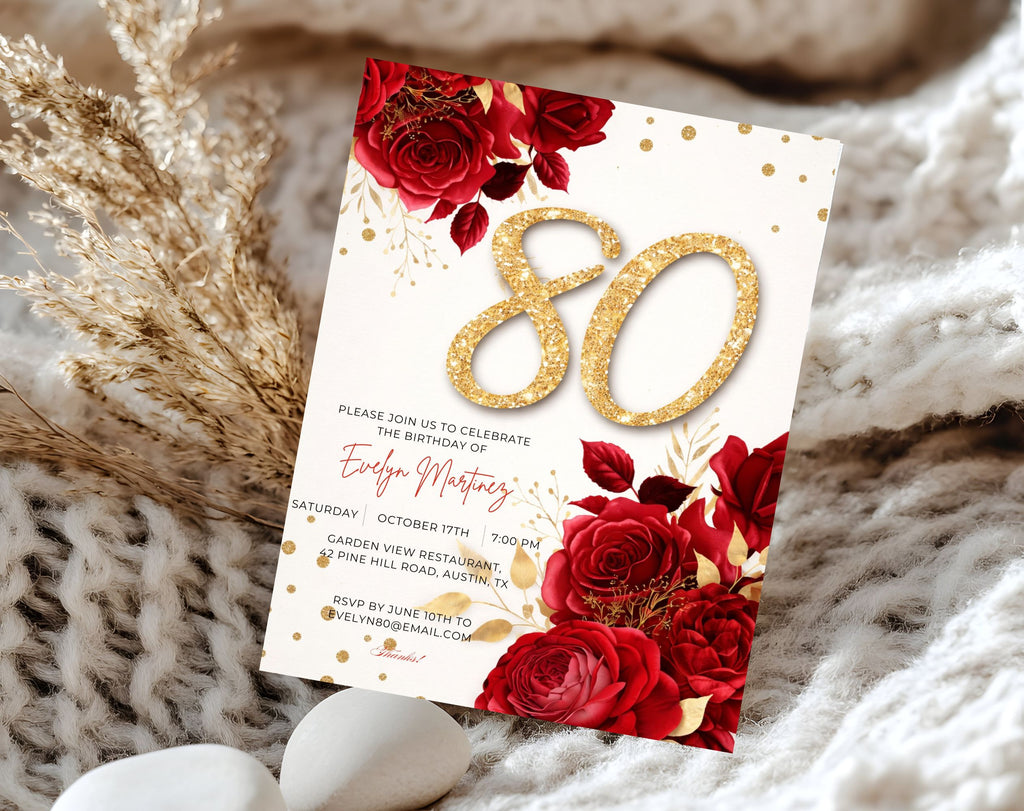 Elegant Floral Red and Gold 80th Birthday Invitation