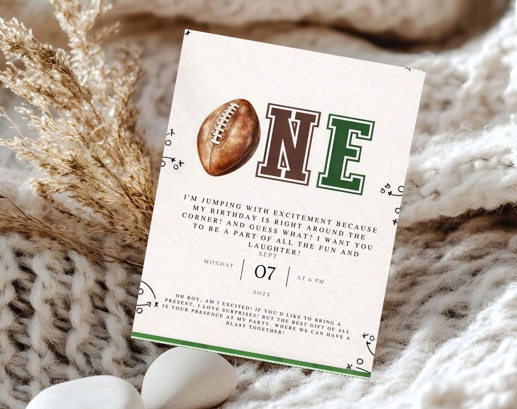 Green and Brown Football First Birthday Invitation
