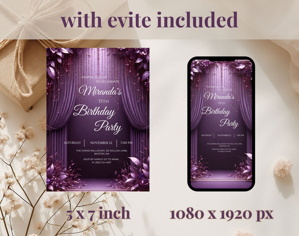 Luxury Purple 35th Birthday Invitation