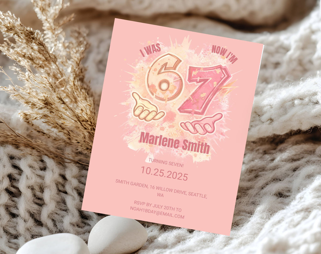 six seven Pink Kids 7th Birthday Invitation