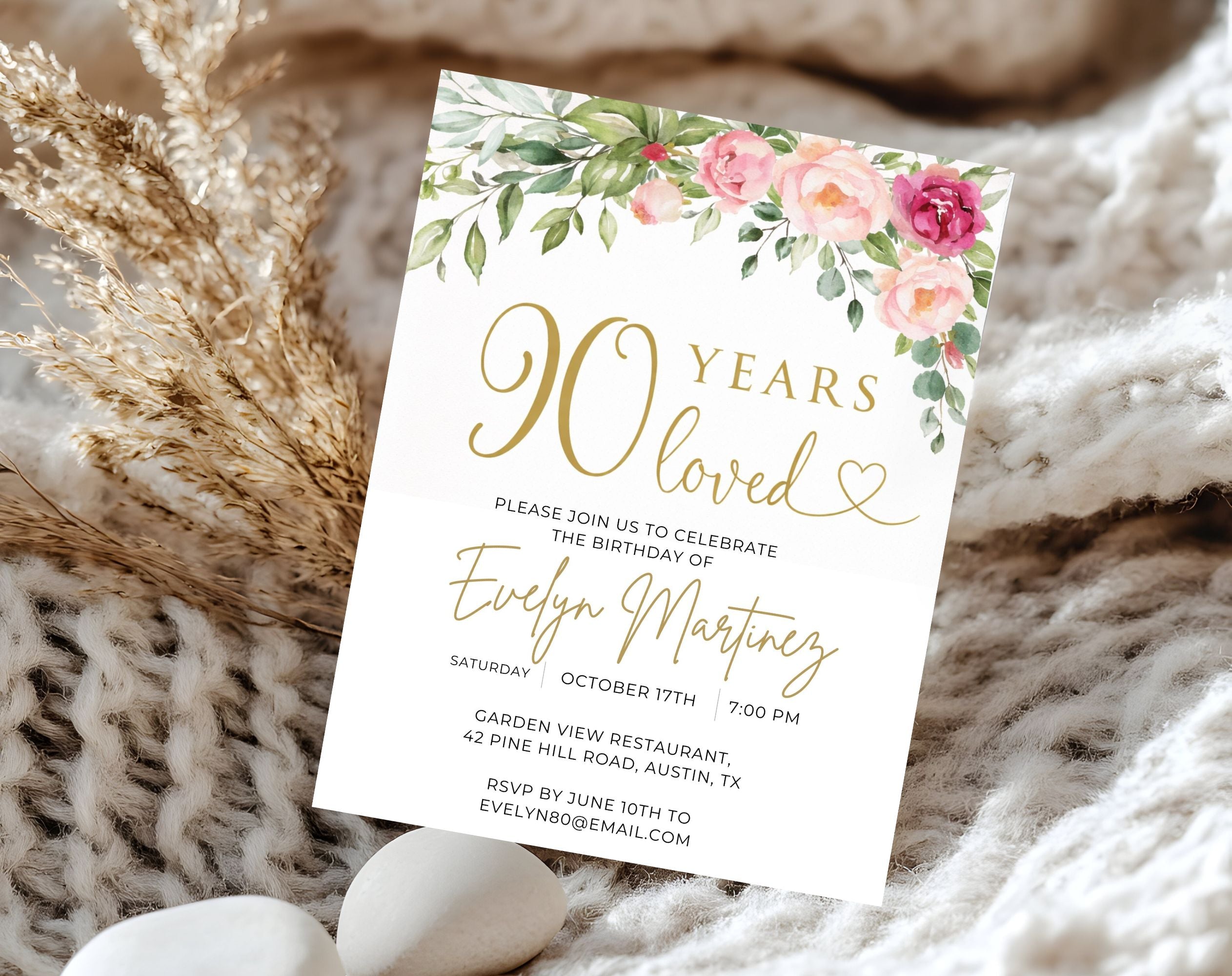 Gold Floral 90th Birthday Invitation