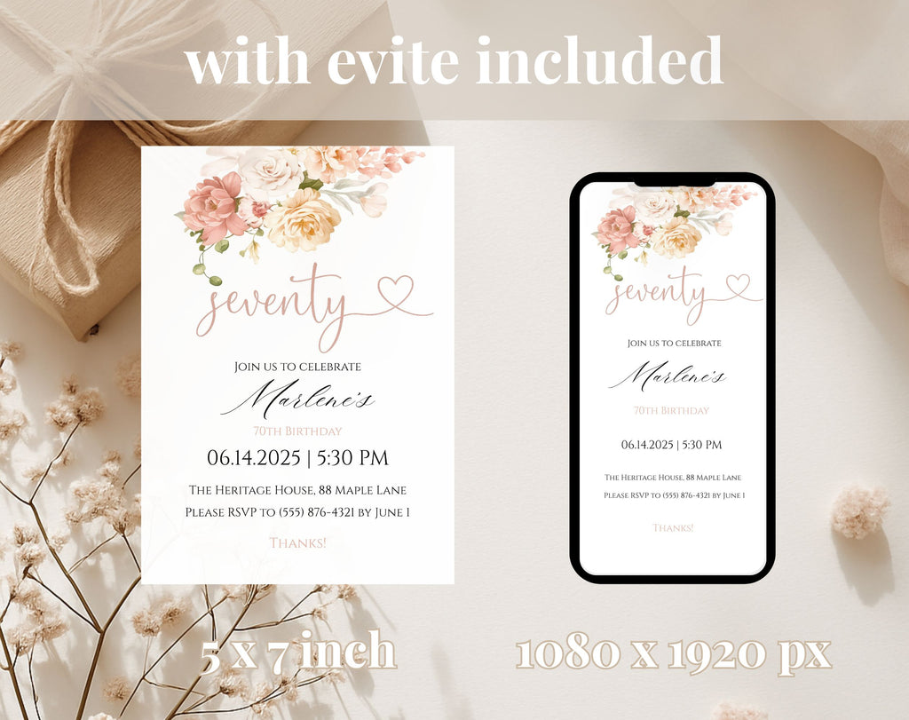 White Elegant Peach Floral 70th Birthday Invitation