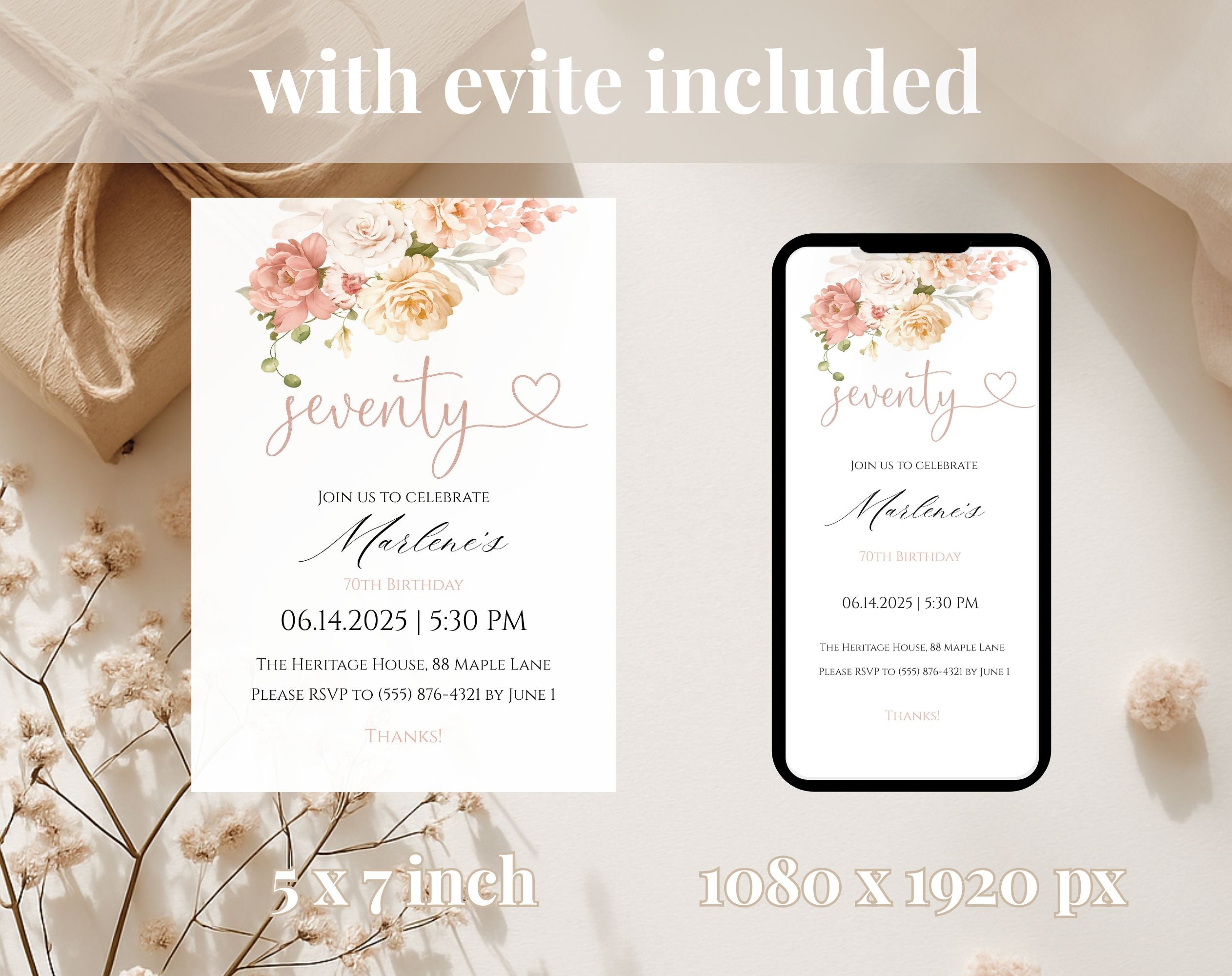 White Elegant Peach Floral 70th Birthday Invitation