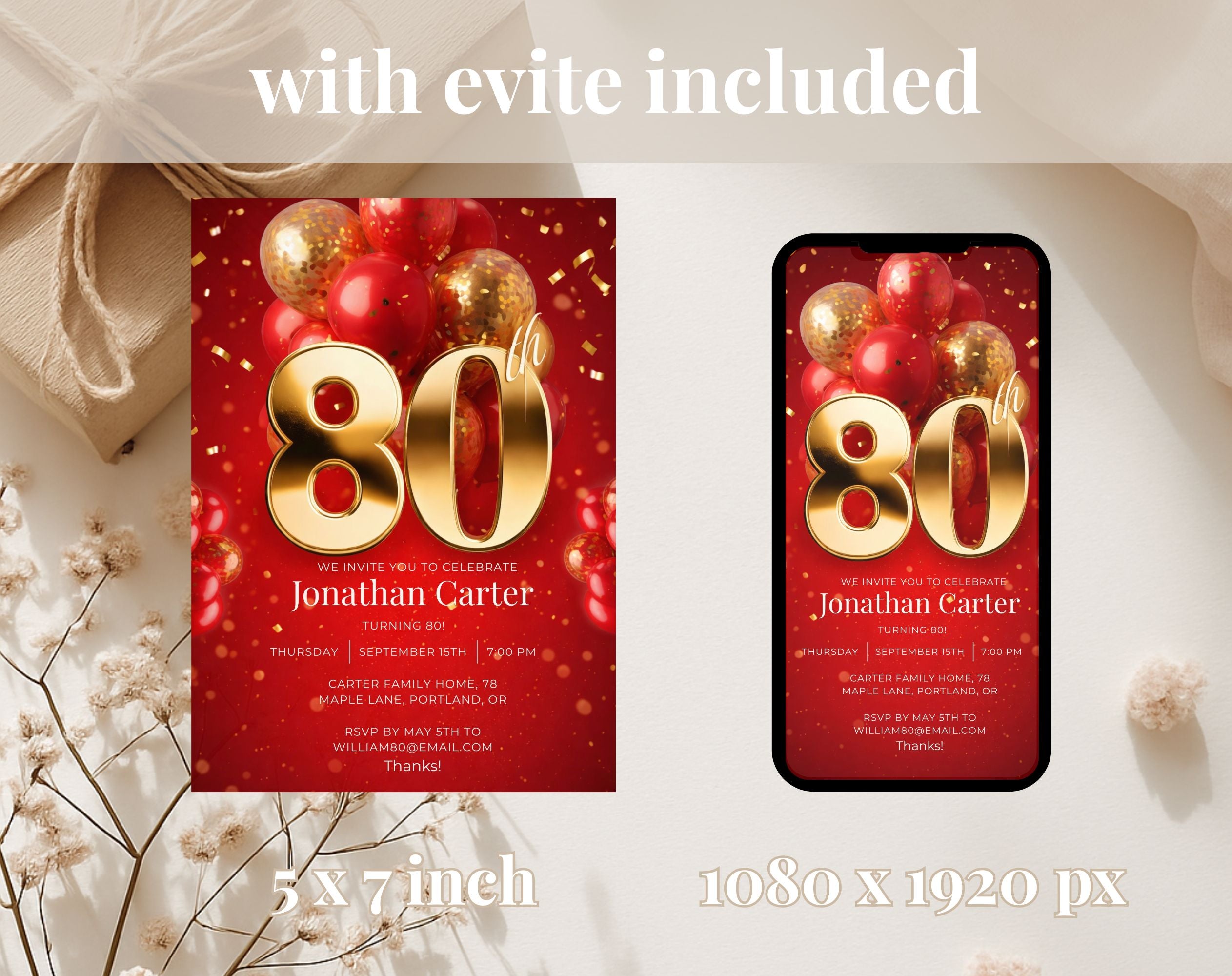 Red Gold 80th Birthday Invitation