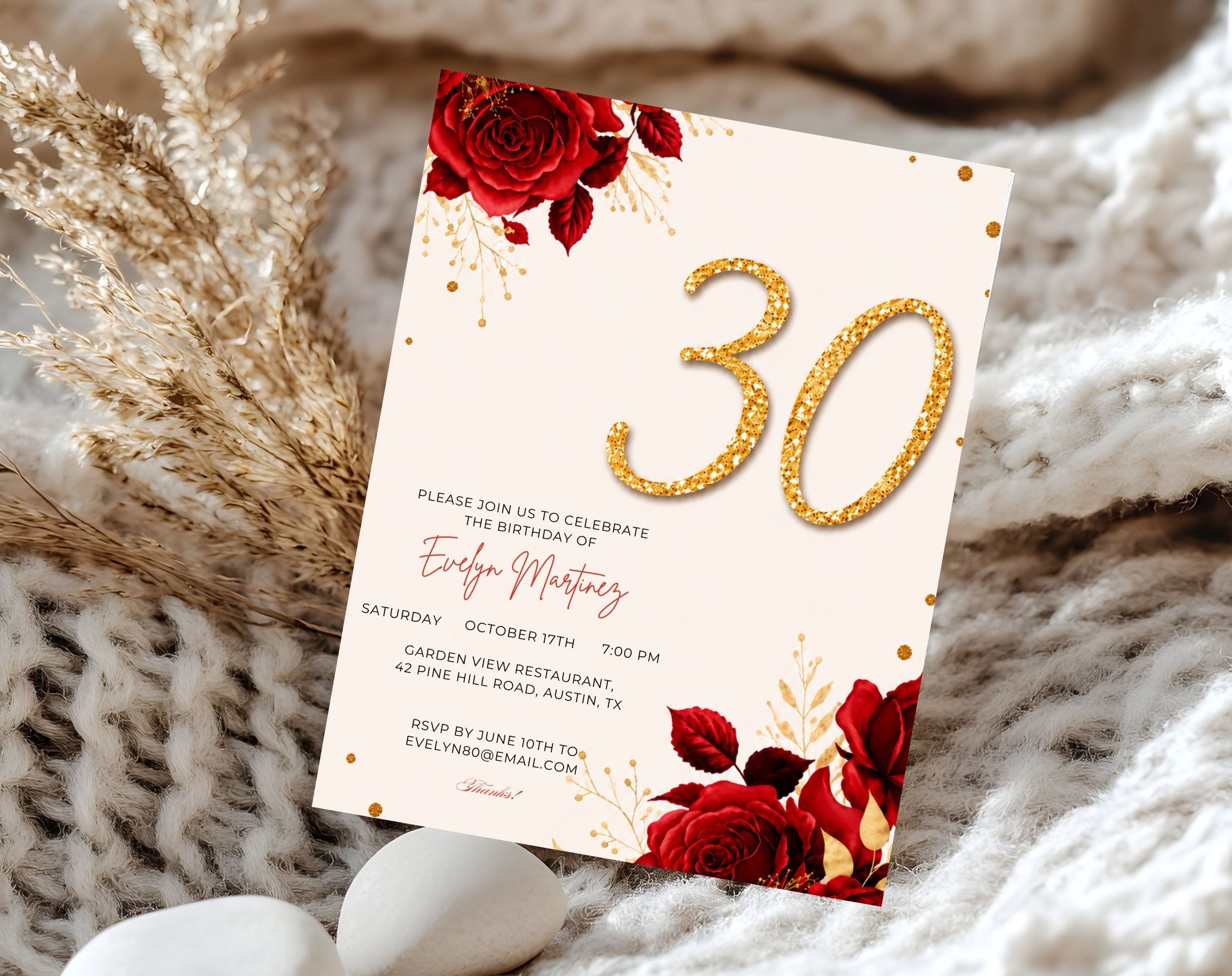 Red Rose Gold 30th Birthday Invitation