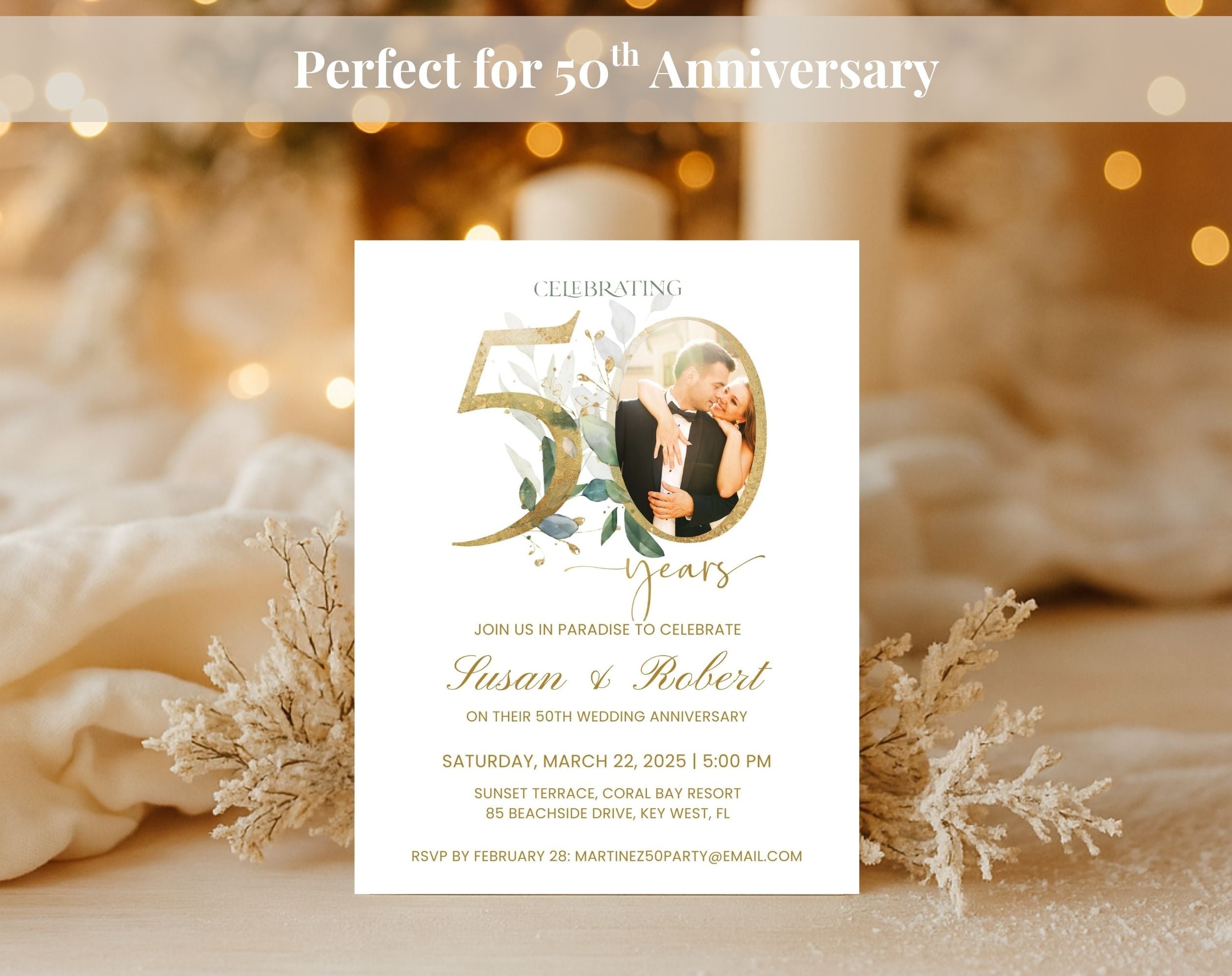 50th Wedding Anniversary Invitation Photo White Gold